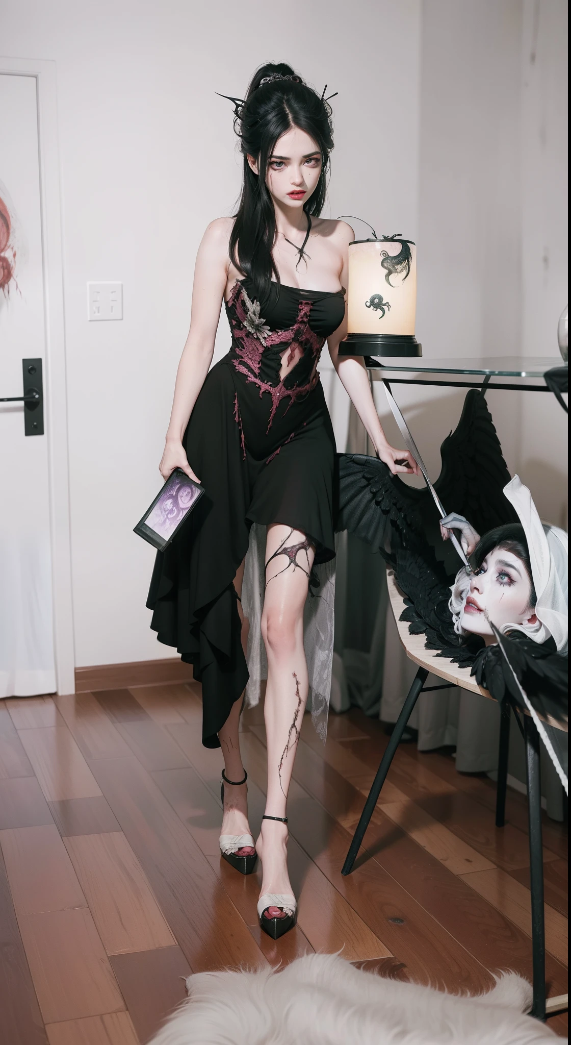 Fine matte paint,Skeleton Dark Angel, Haunted castle with large wings, Fill the drawing table with a knife,terroral,uncanny,horrid,secret terror,tentaculata,grape trees,The eye,uncanny valley effect teeth,all fours,Critters,Blood Moon,4K,high qulity,Beautuful Women,Delicate face