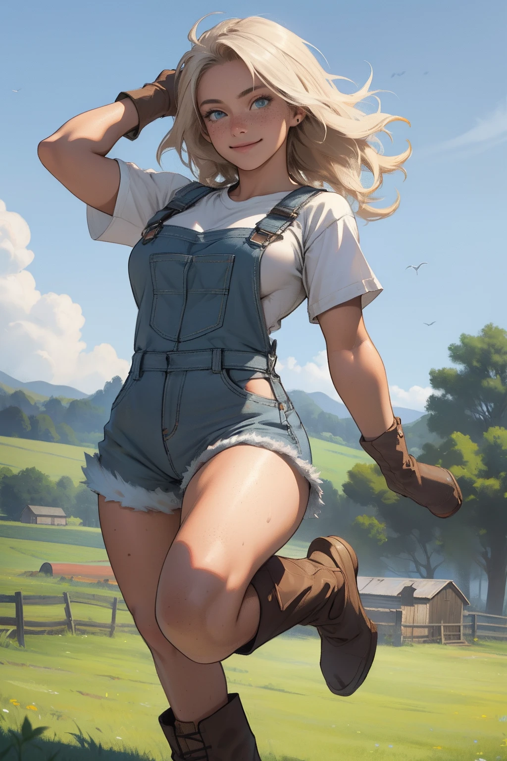 Texas woman, 25 years old, perfect face, thin, smiling, eyes tight, tight, realistic, beautiful, in gray detailed overalls, full body, clean arms, light skin tanned from the sun, work gloves, cap, hair loose in the wind, light brown, freckles, no bra, no bras, no t-shirt, no lingerie, big breasts, full, soft, tossed, round, jumping, dirty boots,  Dirty, walking in the green field, wooden fences, stables, hay, tractor.