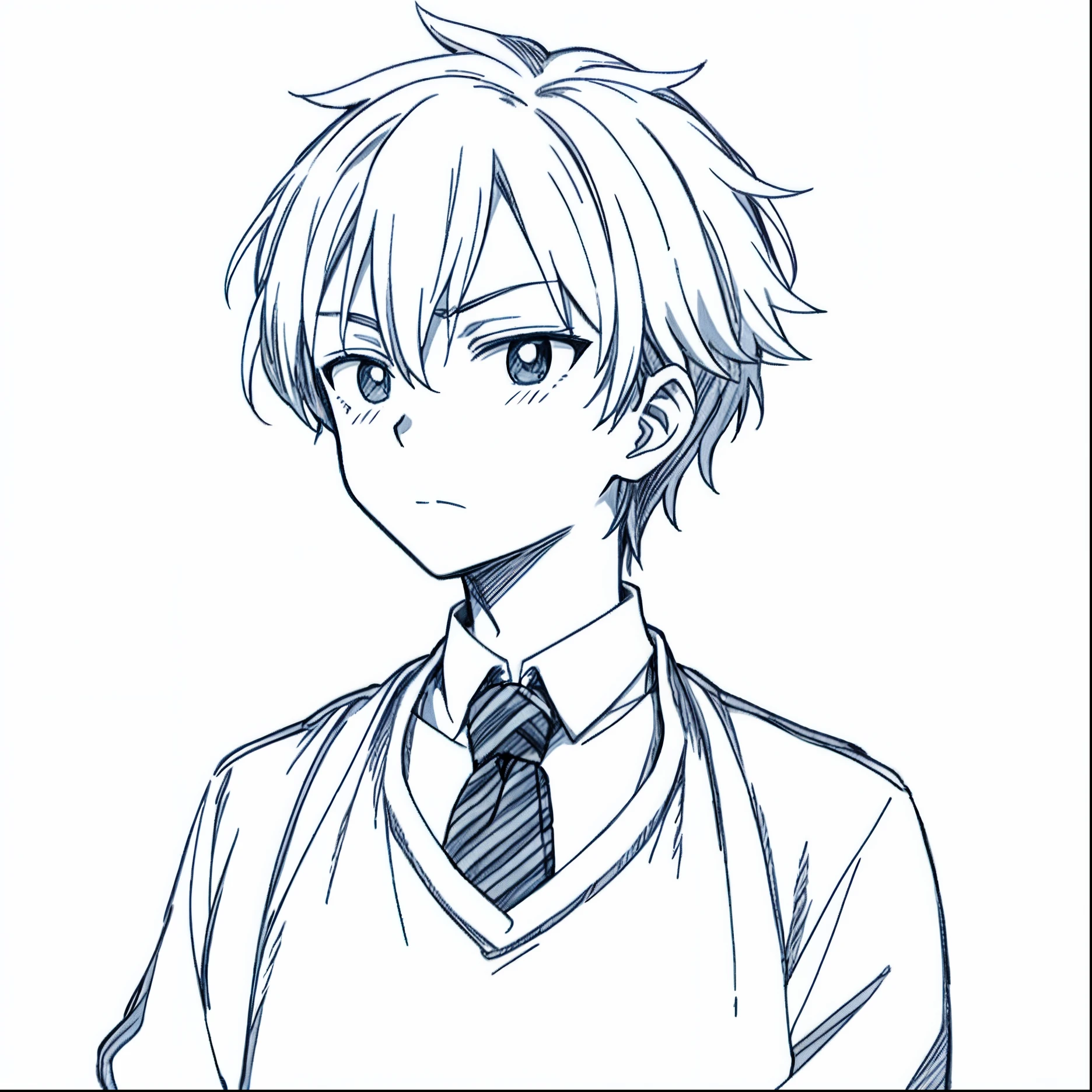 Draw a boy in a tie and sweater, inspired by Okumura Togyu, in an anime style, as an anime character, In anime style, inspired by Un'ichi Hiratsuka, inspired by Tetsugoro Yorozu, flat anime style shading, author:Middle Bokuhn, inspired by Matsumura Goshun,Differential pressure cap hairstyle,It has a juvenile feel,Slightly shy