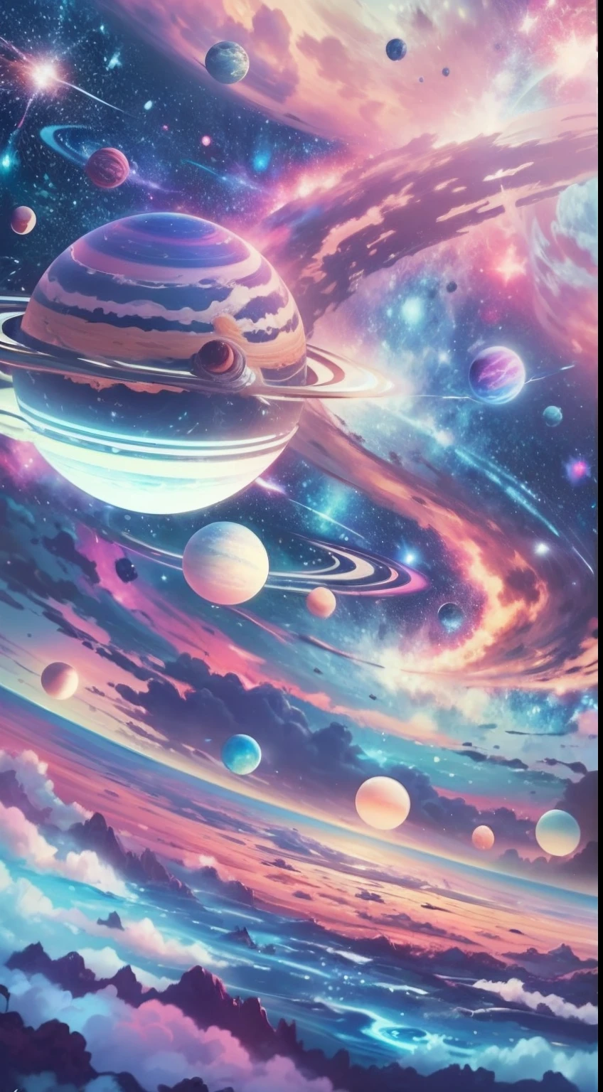 Space with all planets blue and pink colors on bright white star background in Miyazaki wind, — Air 21:9, Quality 4K
