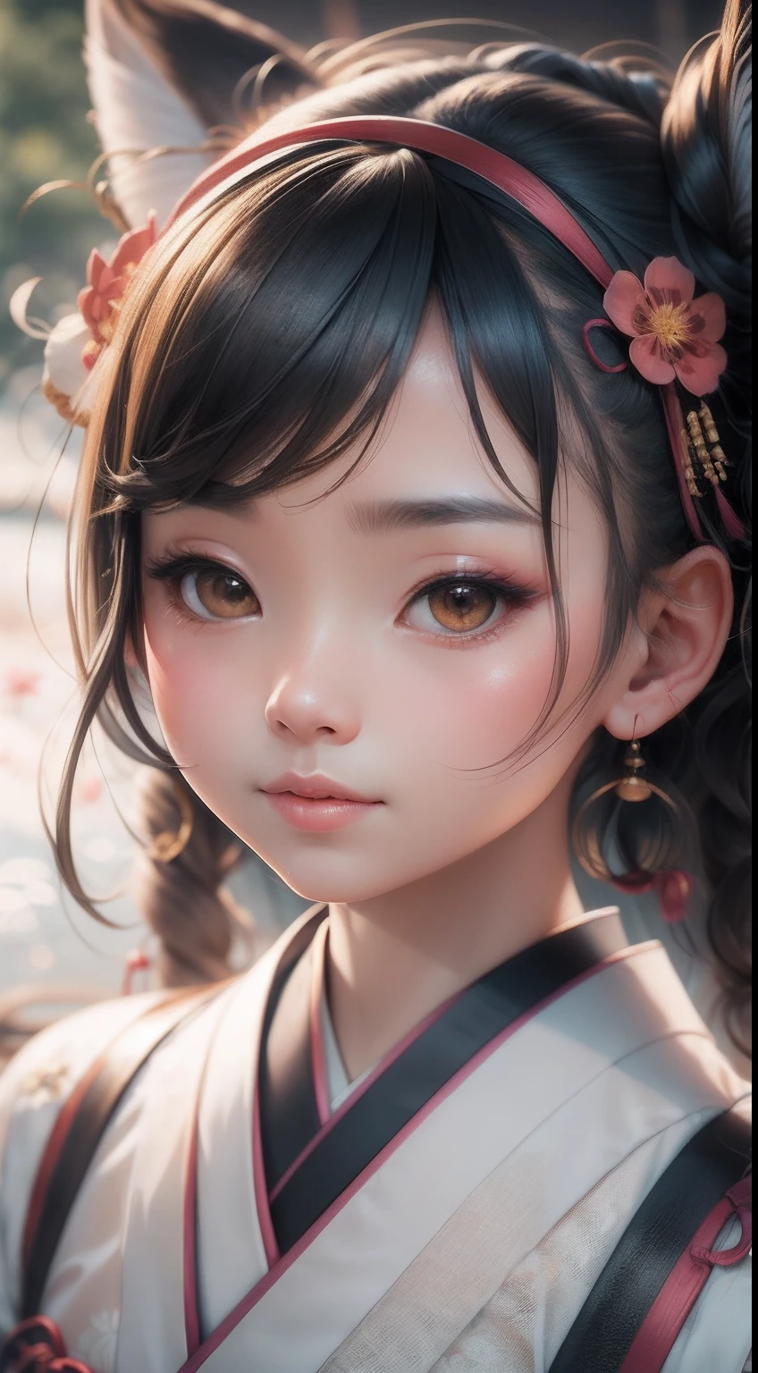 Beautiful portrait of Hana in a Japanese dress in a stunning location, Make it look like a crease on a real human face, nofilter, All natural human skin