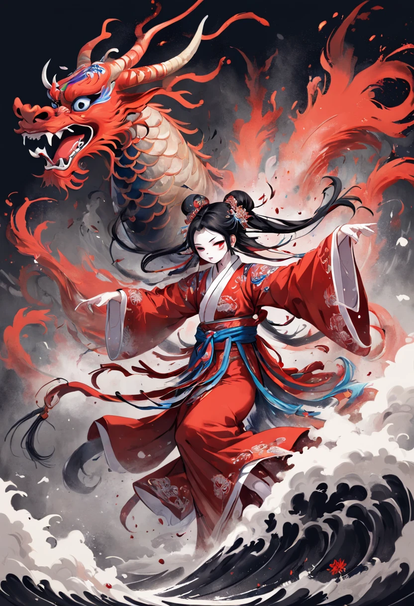 ((masterpiece)),best quality, ((illustration)),original, extremely detailed wallpaper,(((beijing opera))), (sketch),((wash painting)),((ink splashing)),((((dyeing)))),((Chinese painting)),((beijing opera))), (sketch),(wash painting),(ink splashing),dyeing,((Chinese painting)), ((a mythical ferocious animal)),{{The bull}},{{ long horns}},{{With wings on its back}},(Red and black wings),(solo),mountain,Big and strong,Diabolical,Tyrannical