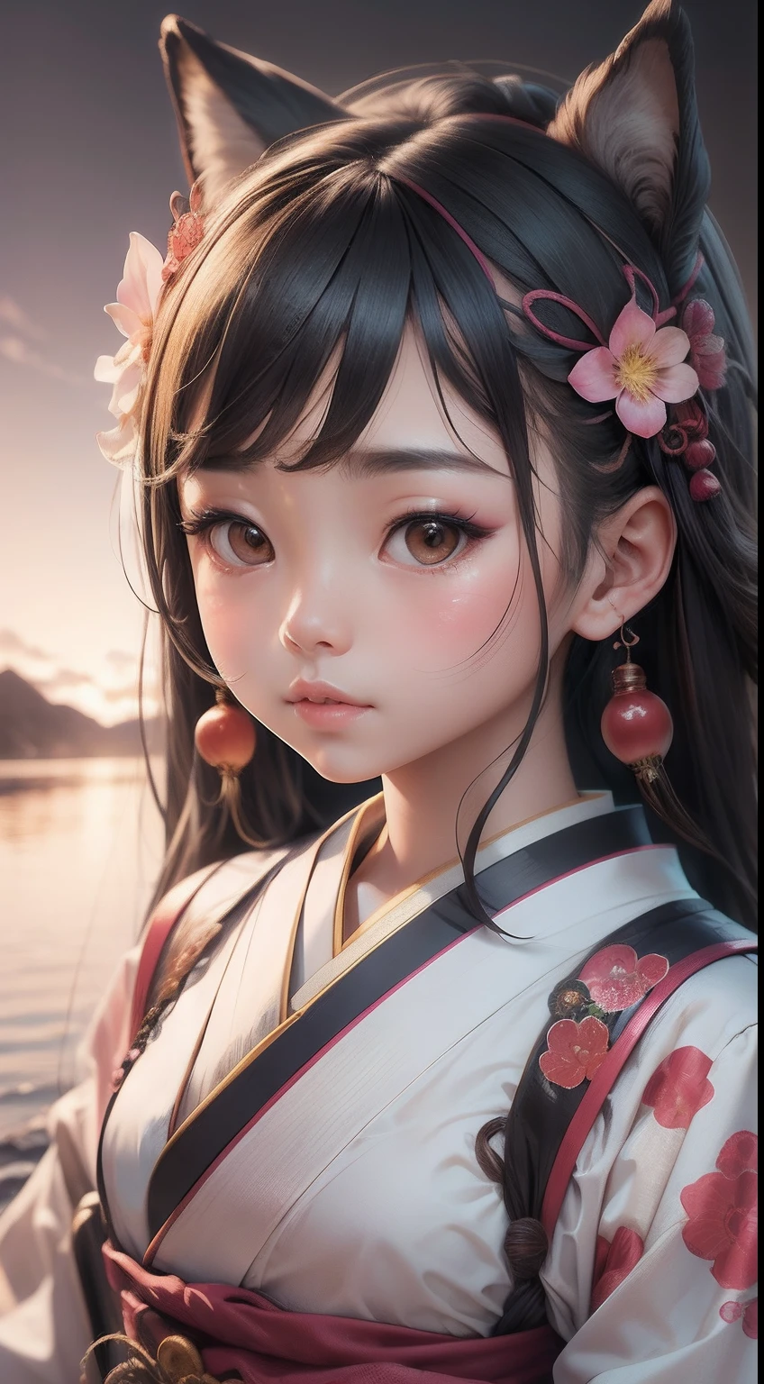 Beautiful portrait of Hana in a Japanese dress in a stunning location, Make it look like a crease on a real human face, nofilter, All natural human skin