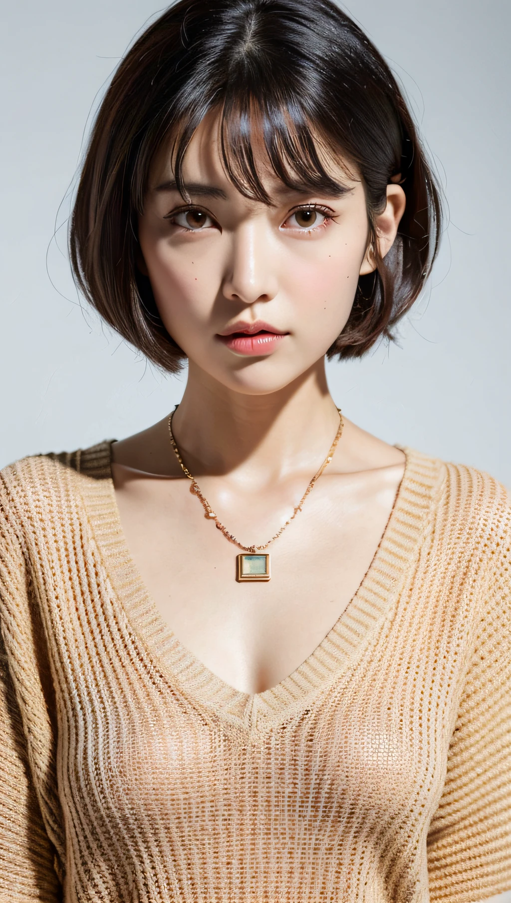 (Best quality, 8k, 32k, Masterpiece, UHD:1.2),Photo of Pretty Japanese woman, large breasts, very short bob hair,upper body,face focus,oversized_sweater, necklace, simple background, from above, looking at viewer,