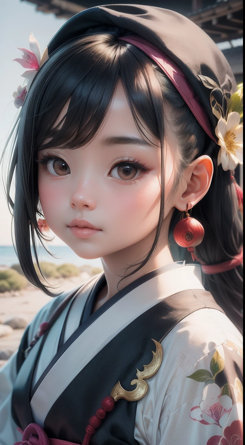 Beautiful portrait of Hana in a Japanese dress in a stunning location, Make it look like a crease on a real human face, nofilter, All natural human skin