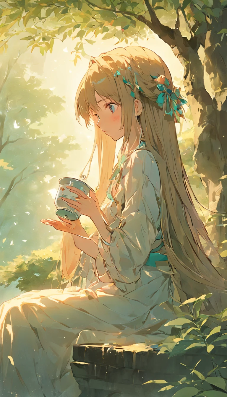 Antique long-haired girl drinking tea under a tree