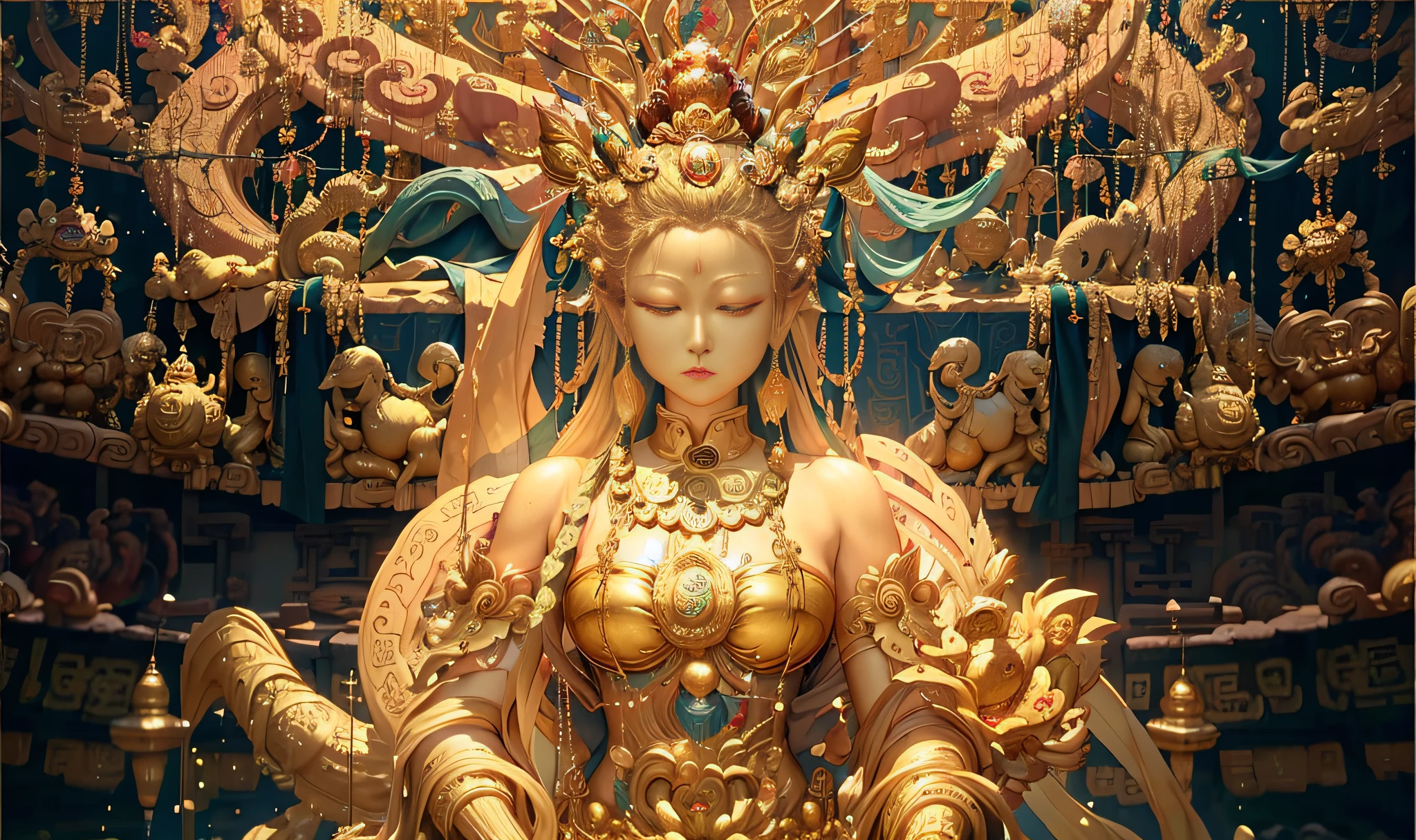 Close up of golden statue of woman wearing crown, sculpture made of gold, Buddhism, Guanyin, buddhist art, japanese temples, guanyin of the southern seas, author:Tan Yang Kano, buddhist temple, buddhist architecture, author:Seto Toyo, bodhisattva