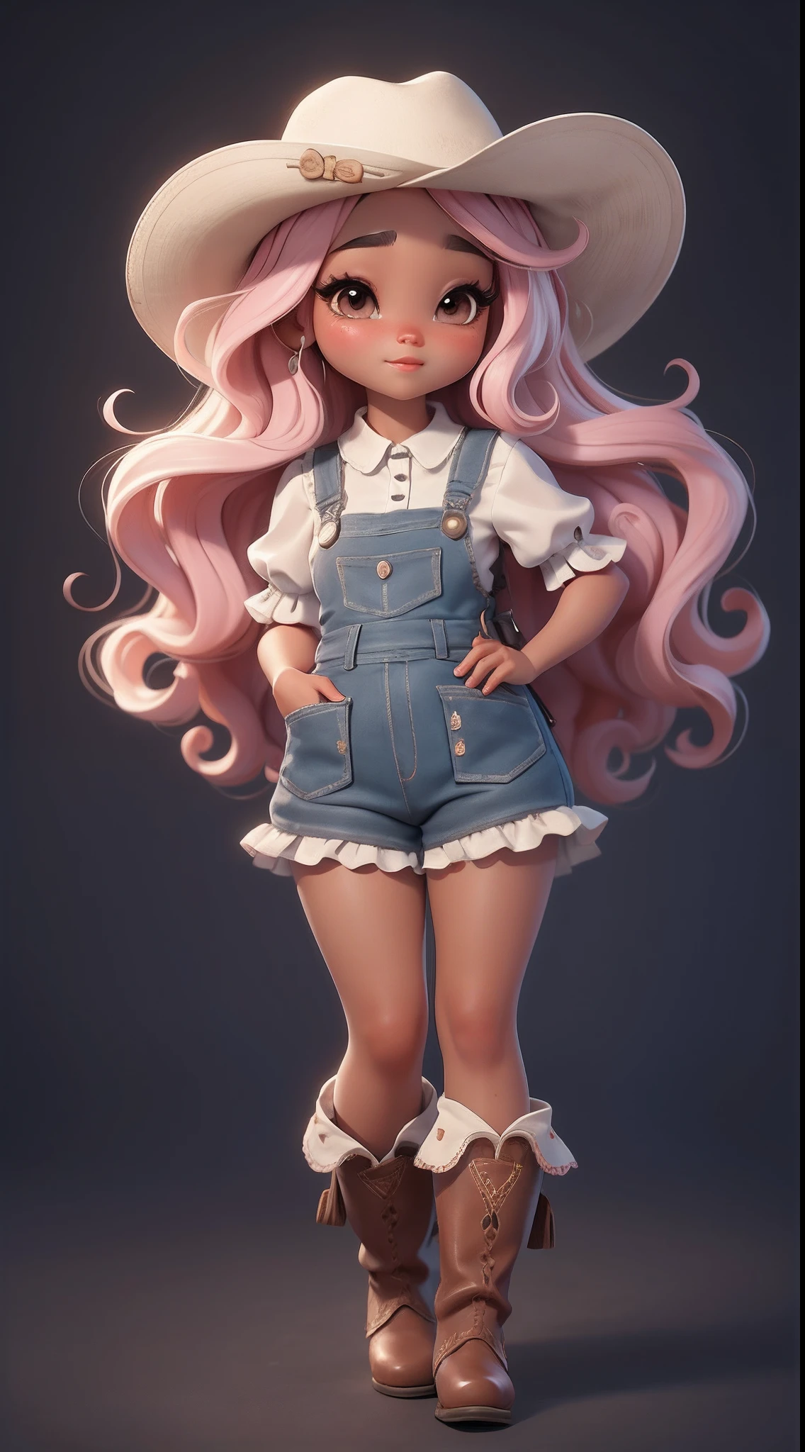 Create a series of dolls afro black skin chibi style cute baby with a cute cowgirl theme, each with lots of detail and in an 8K resolution. All dolls should follow the same solid background pattern and be complete in the image, mostrando o (corpo inteiro, incluindo as pernas: 1.5)
Boneca cowgirl: Chame-a de Mia. She should have medium wavy mixed hair. Seus olhos devem ser grandes e curiosos, with long eyelashes and slightly pinkish cheeks. Mia should be dressed in a delicate jumpsuit, cowboy boot and a polka dot blouse and a cowboy hat is cute. She must hold farm accessories. Add details like pockets and ruffles to the apron to make it even more charming, sapato bonito
Certifique-se de adicionar sombras, texturas e detalhes nos cabelos, roupas, Cute cowboy utensils, to make them even more adorable and charming.