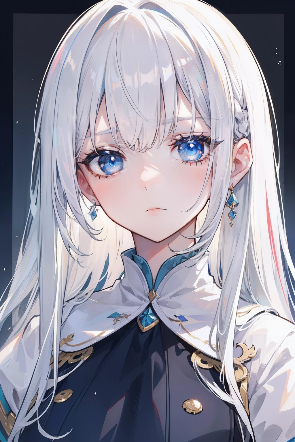 (masterpiece:1.2, best quality), (artwork:1.2), (beautifull detailed face:1.3), 1girl in, (long white hair with bangs), (two tone hair) (cabelo ondulado: 0.7), (portrait:1:1), (extremely drawn eyes:1.2), cinematic lighting, soft lighting, flat chest, blue eyes, (Ultra-detailed:1.2), Magic School Uniform, (Detailed hand), (Tarot border:1.1), close up shot, eye close up, femine, frontage