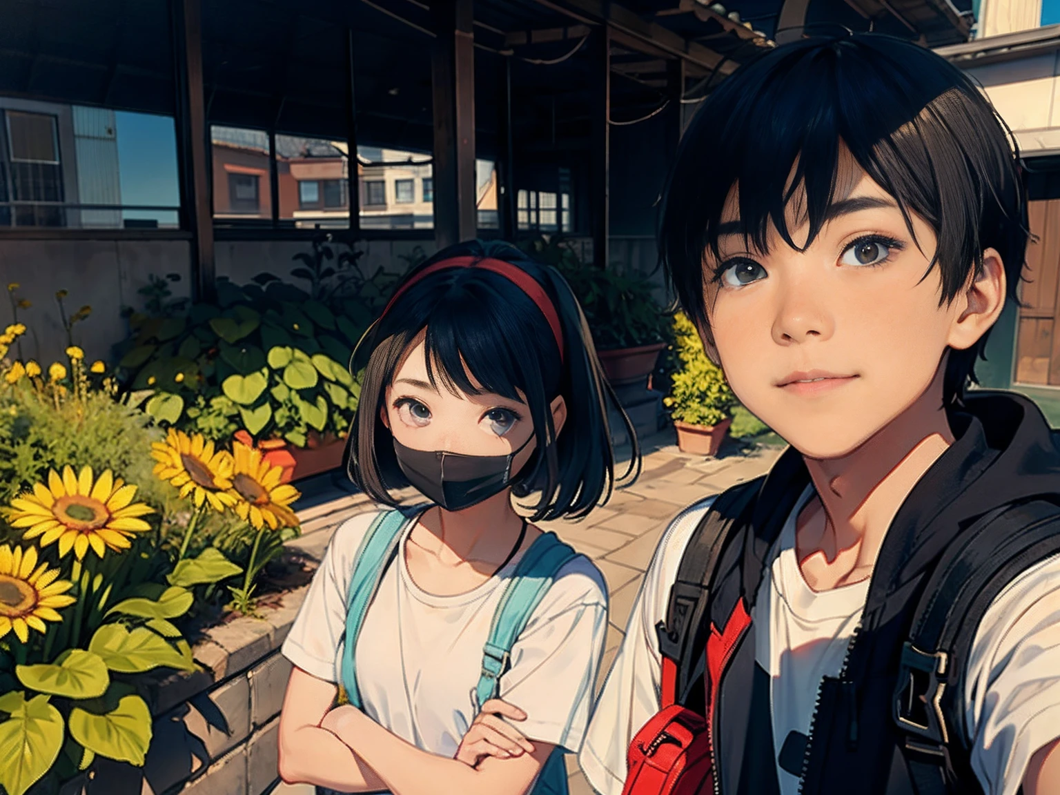 A girl looking at the camera, A boy wearing mask, sunshine