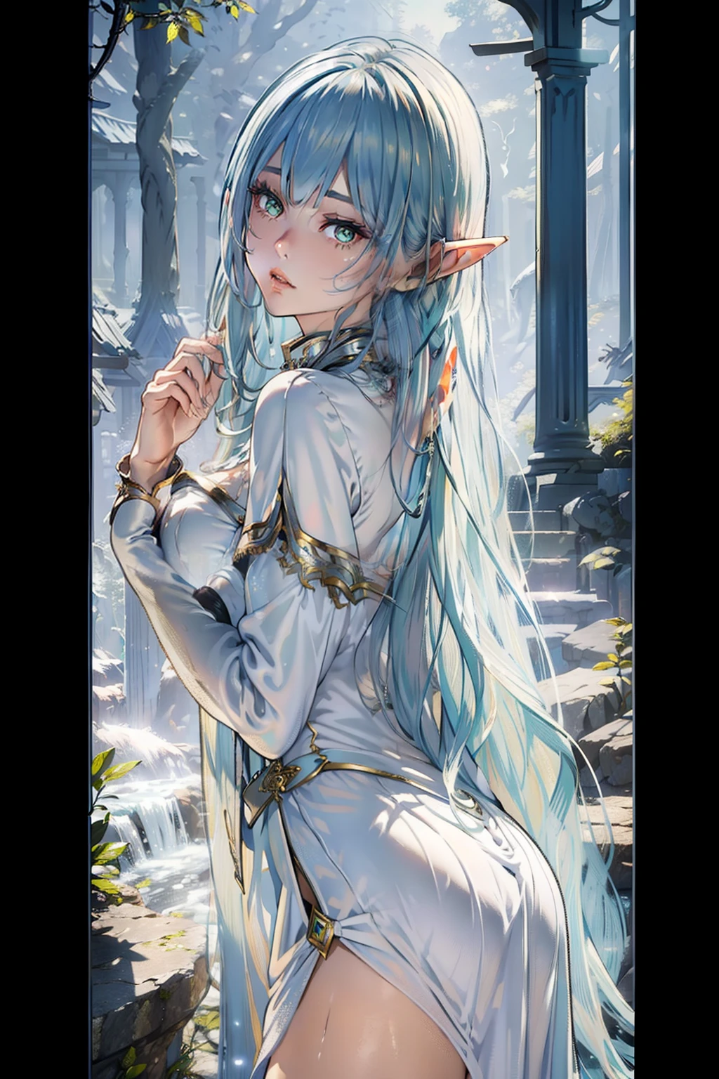 ​masterpiece, top-quality, Detailed details, Detailed landscapes, beatiful lights, Beautiful Shadows, Elven Woman, 28 year old,Green eyes, A wistful look,eye liner,Long hair,Silvery hair,long ears,a miniskirt,detailed skin textures, Tyndall effect,