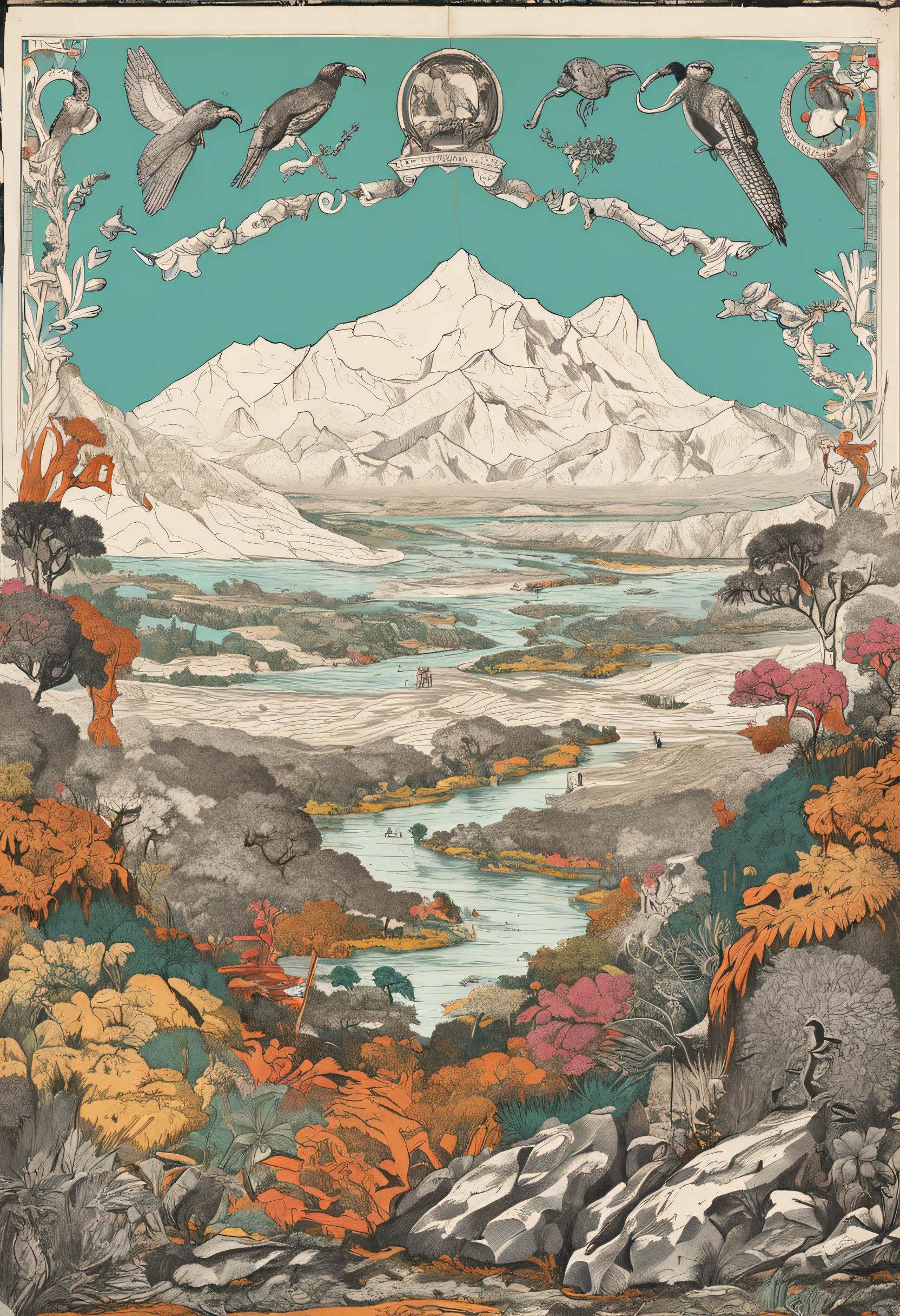 A vast and unique continent, divided into four inhabited regions (Norte, Em, Leste e Oeste), each characterized by one of four seasons (夏天, inverno, outono e primavera). Paisagens deslumbrantes de montanhas majestosas, vastas florestas, pradarias exuberantes e litorais pitorescos. A diversidade de climas e ambientes cria uma variedade impressionante de flora e fauna. The central region of the continent is marked by high and mountainous terrain, offering stunning panoramic views.