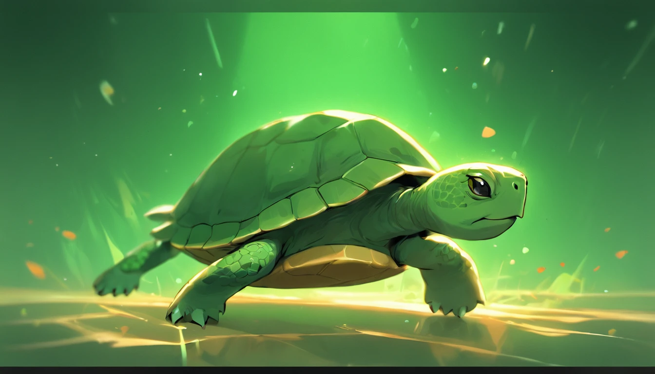 anthropomorphic turtle，Green background，simplebackground，solid color backdrop，Full body frontal photo，1 lovely number 323，standing on your feet，full bodyesbian, Solo,frontage，facing away from the audience, Look on the right side of the screen,  ssmile，Background bokeh，lightand shade contrast，tmasterpiece，flatillustration，minimal style，4K