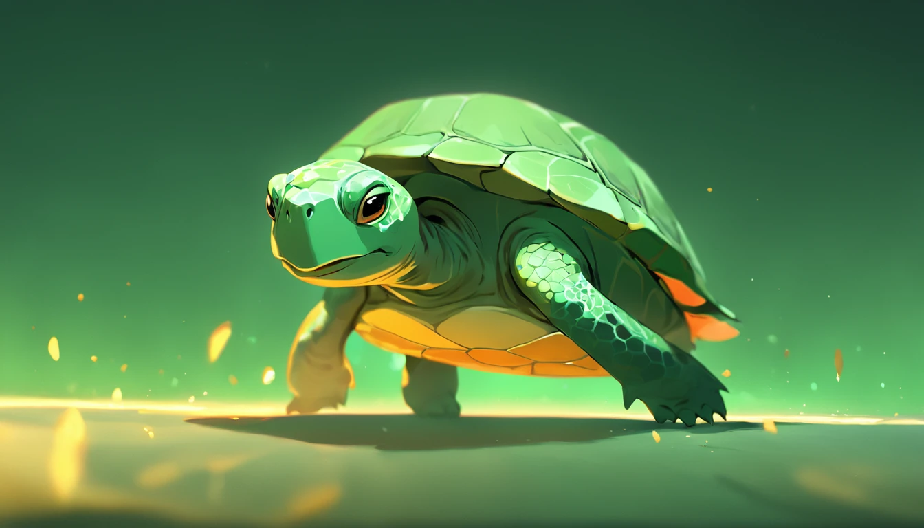 anthropomorphic turtle，Green background，simplebackground，solid color backdrop，Full body frontal photo，1 lovely number 323，standing on your feet，full bodyesbian, Solo,frontage，facing away from the audience, Look on the right side of the screen,  ssmile，Background bokeh，lightand shade contrast，tmasterpiece，flatillustration，minimal style，4K