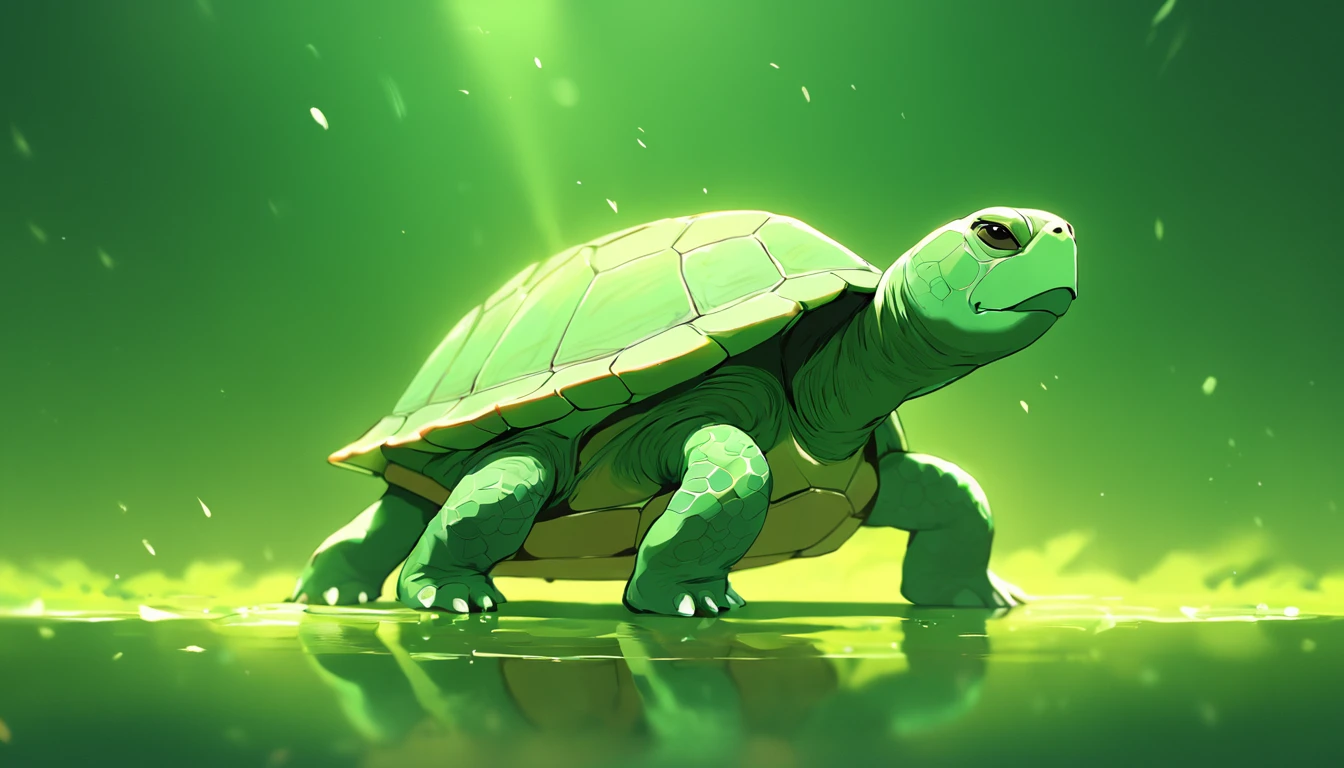 anthropomorphic turtle,Green background,simplebackground,solid color backdrop,Full body frontal photo,1 lovely number 323,standing on your feet,full bodyesbian, Solo,frontage,facing away from the audience, Look on the right side of the screen, ssmile,Background bokeh,lightand shade contrast,tmasterpiece,flatillustration,minimal style,4K