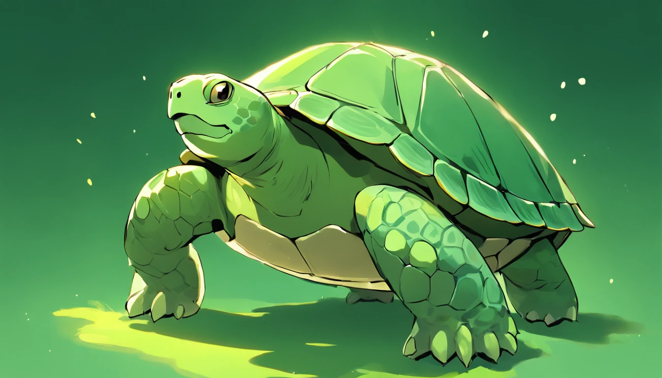 anthropomorphic turtle,Green background,simplebackground,solid color backdrop,Full body frontal photo,1 lovely number 323,standing on your feet,full bodyesbian, Solo,frontage,facing away from the audience, Look on the right side of the screen, ssmile,Background bokeh,lightand shade contrast,tmasterpiece,flatillustration,minimal style,4K