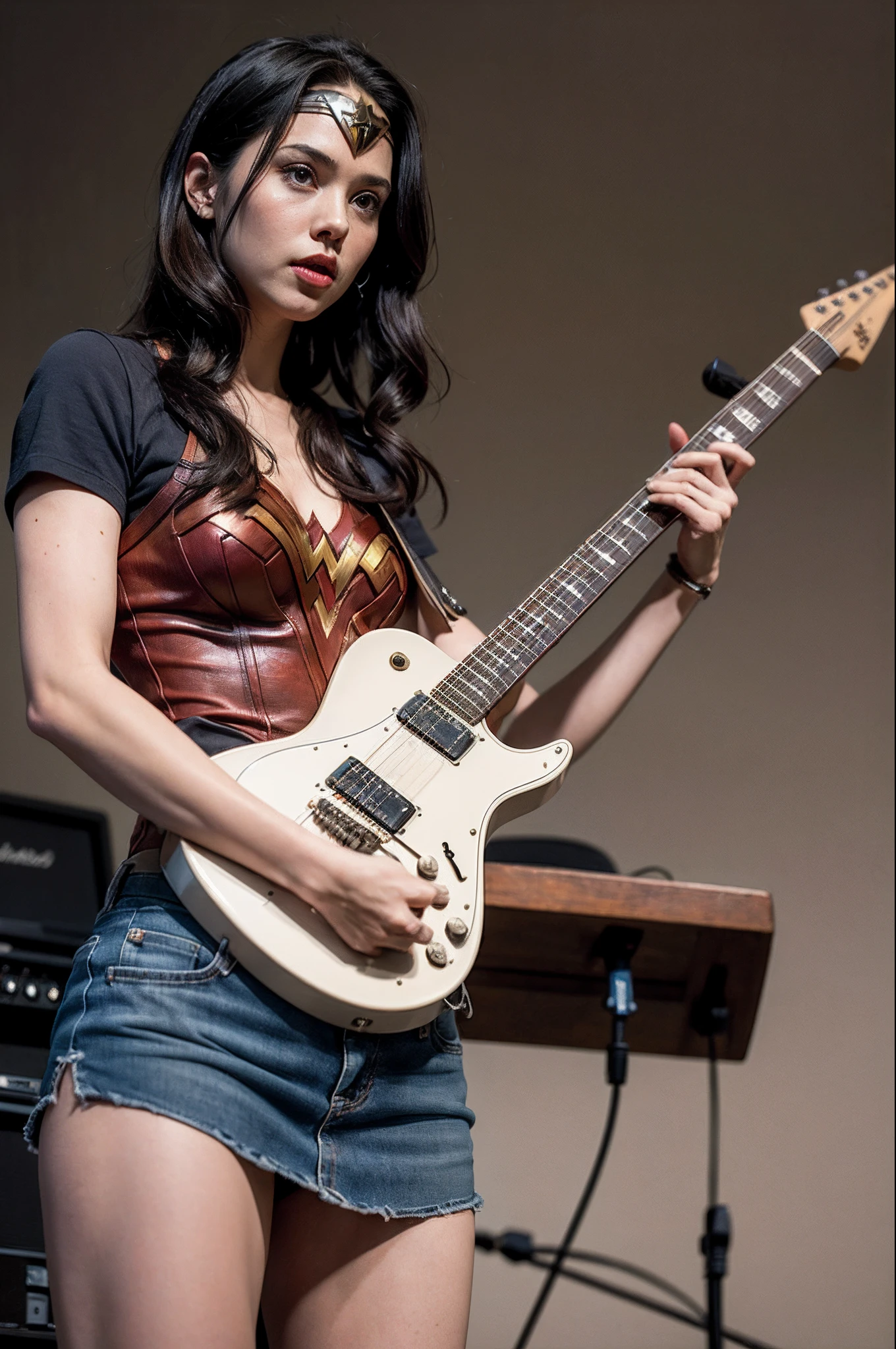 a 1girl,  wonder woman (plays the guitar:1.2), Standing, Adult, Slim, buzz cut, Punk Man, Mad Max, (disheveled clothes: 1.4),