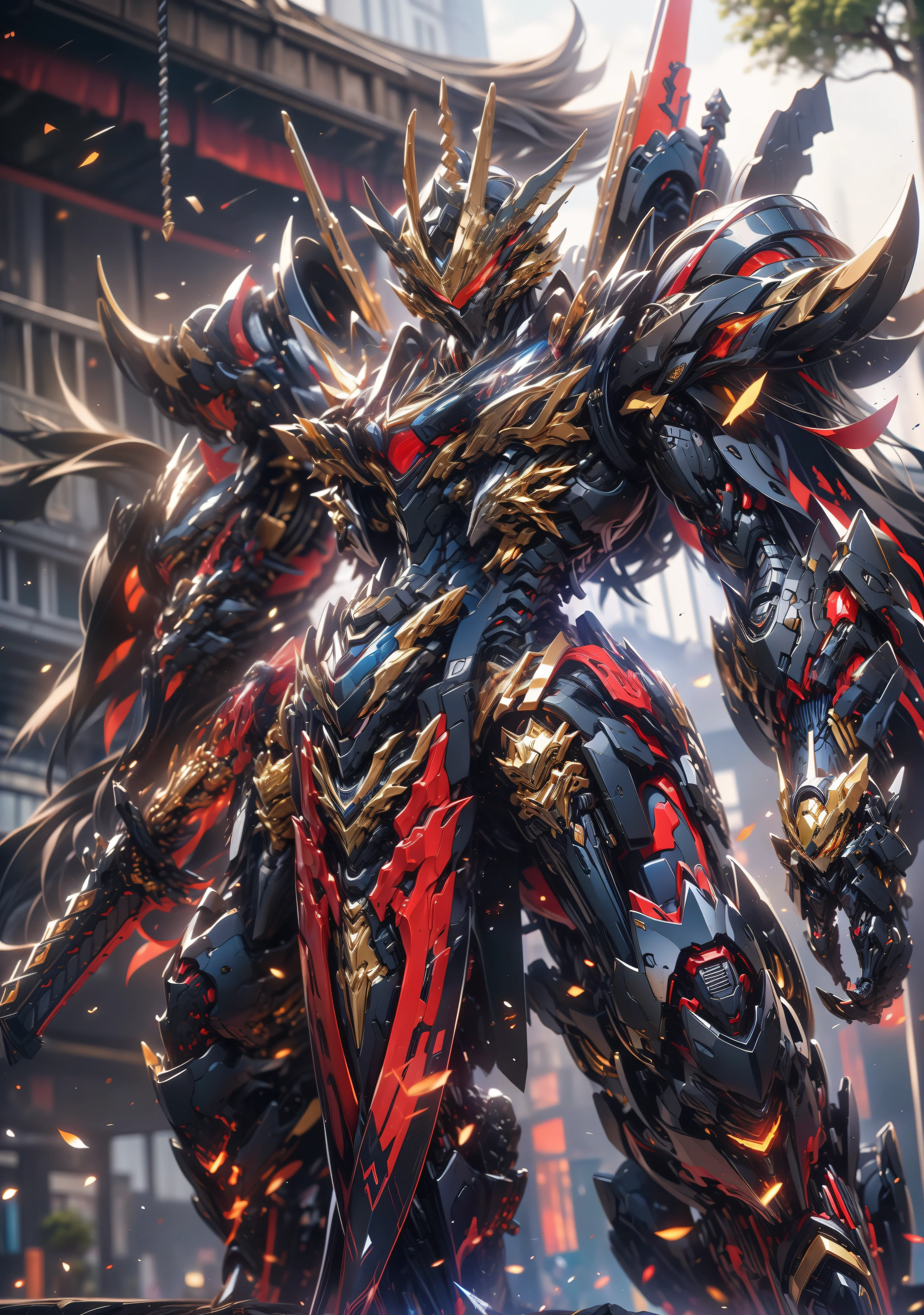 super wide shot, Full body frontal photo,Mecha male warrior，The heroic demeanor of the Three Kingdoms,《Mech color: Red and dark series》，（《Romance of the Three Kingdoms》，《Lü Bu》，Holding Fang Tian's halberd in his hand，），（Full body mecha）, Keqing from Genshin Impact, (Masterpiece) ， The best quality， High quality，Gold armor，电影灯光， （Exquisite future）， Beautiful and beautiful， Ultra detailed， great composition， Floating， Depth of field， （Very detailed CG，Unity 8k壁纸）， （Beautiful detail background）， dramatic lights， GOGETTA， Mecha，best qualtiy，Ultra-high 8K Ultra HD，digital SLR camera，high qulity，Film grain resolution，