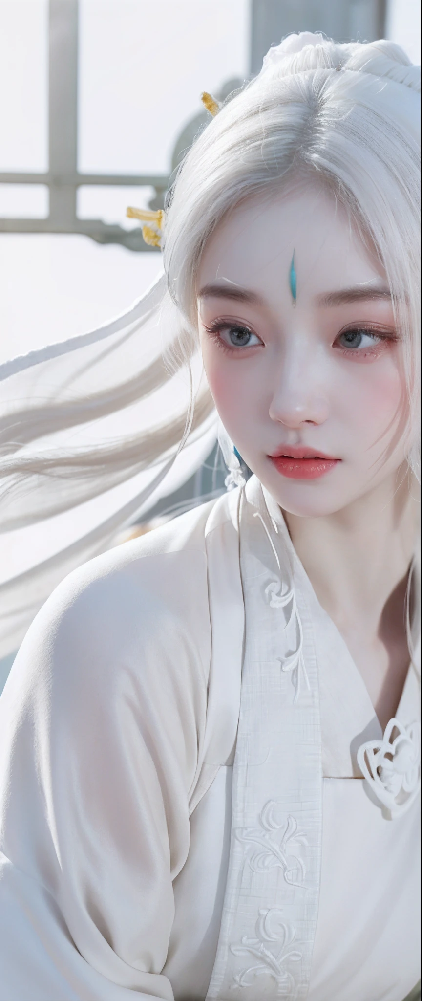 There was a woman wearing a yellow dress and a white scarf, pale milky white porcelain skin, pale porcelain white skin, White Hanfu, pale snow-white skin, Realistic. Cheng Yi, inspired by Zhang Yan, Hanfu, inspired by Wu Bin, Inspired by Ai Xuan, Guviz, inspired by Yanjun Cheng, white skin and reflective eyes