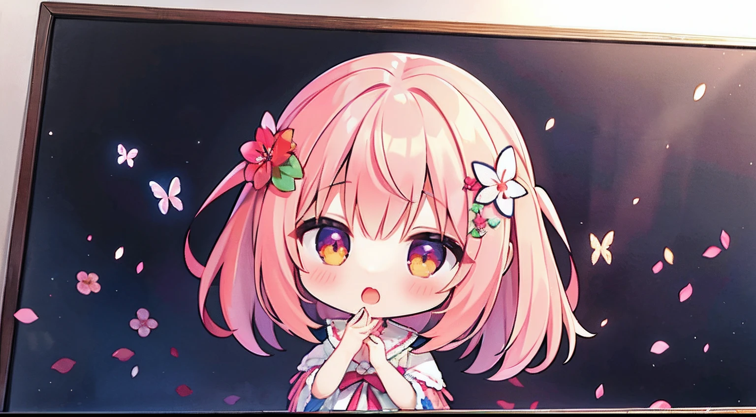 Doll standing in front of the painting、bionde、Yawning face、Sengai、pixiv、rokoko、dollfie dream、watercolor Nendoroid、(High Definition Figure)、flowing sakura-colored silk、nendroid、Cherry blossom petals、Flowing cherry blossom silk、season!!: 🌸 ☀ 🍂 ❄、full body Esbian、ultradetailed eyes、Full Paint、Splash、（Floral hair ornament、butterfly hair ornament）、 masutepiece、Anatomically correct