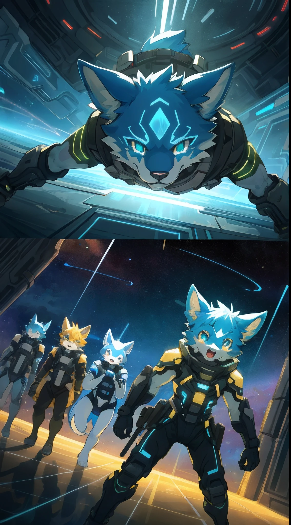 top quality, best quality, High-quality illustrations, masterpiece, super high resolution, detailed background, glow line hologram, cyber space, Time patrol, 6+boys, 6+girls, absurdres(highly detailed beautiful face and eyes)perfect anatomy, expression, caustics, dynamic lighting, cinematic shadow(kemono, furry anthro)assorted poses, dynamic angle,