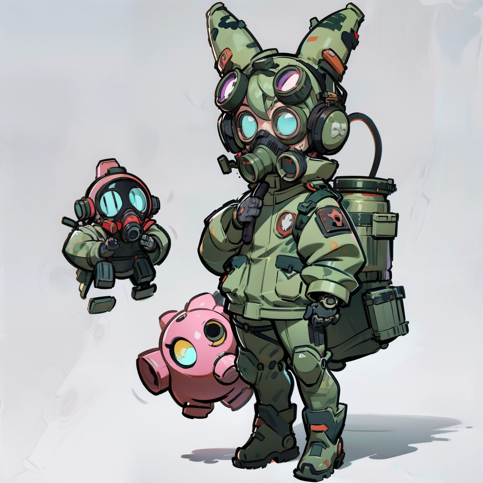 masutepiece, Best Quality, ((Full body shot)), No background, White background, a gas mask, Robot goggles, headphones, mechanical bunny hat, Military, Man's, long boots, camo, Chibi