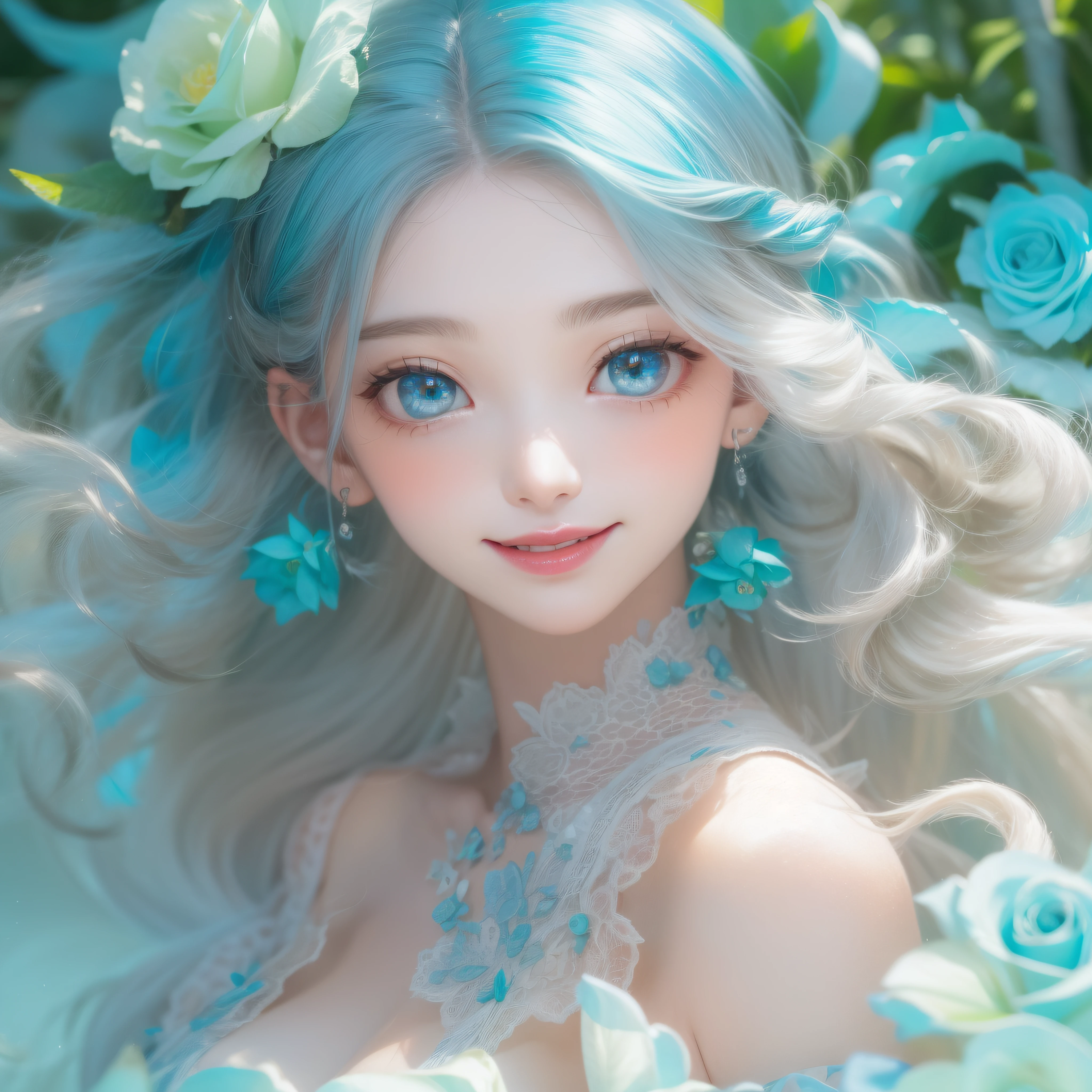 Close up of blue rosy smile、Close up of blue rosy smile、Close up of blue rosy smile、(realisitic、hight resolution)、(1 girl in)、Do-Up Eye、Korean Girl、(Best Quality), (masutepiece), (1girl in), Solo, a beauty girl, Perfect face, Big Breast,dreamlikeart、Highly detailed airbrush art((Surreal))、Volumetric lighting、(top-quality)、The ultra-detailliert、(The composition of the movement:1.4)、Highly detailed colorful details、(Bright lighting)、dynamic compositions、Ray traching、The mirror reflects light、Shallow depth of field、ultra-detailliert、mixing exposure、nffsw、Her eyes glow blue rosy、Her blue rosy face is、Full of adventure anticipation and courage.、A smile appears on her blue rosy lips。 At the rear、The sun is slowly tilting to the west。Its light brings rosy light to the surface of the sea、The swaying waves create a beautiful scene。Her eyes are clearly blue rosy。numerous roses、Glowing blue roses、Glowing blue roses、Glowing eyes、Glowing eyes、Glowing eyes、