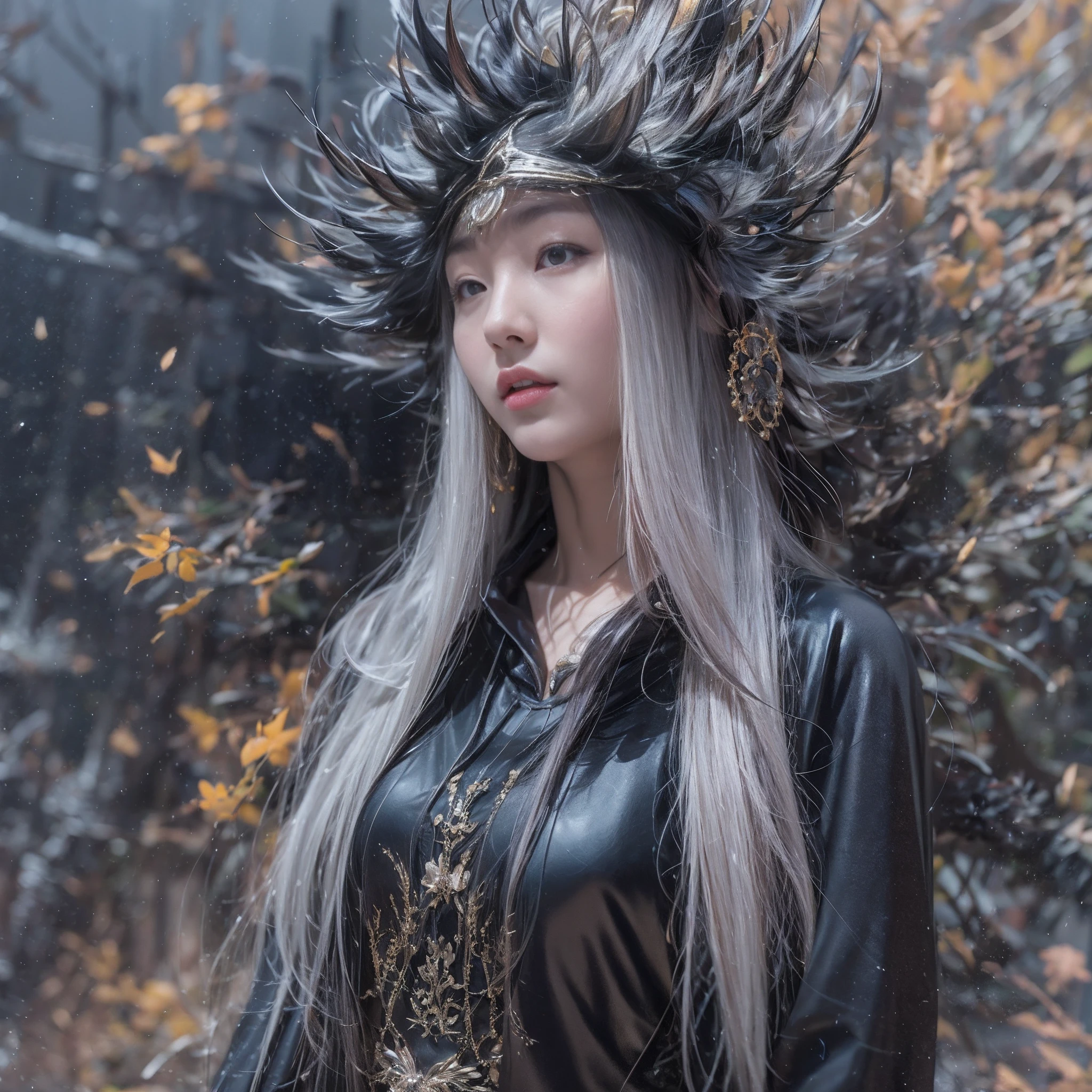 32K（tmasterpiece，K HD，hyper HD，32K）Long grey hair， Floating hair， Headdress， Japan long sleeve black costume， （Abstract ink splash：1.2），brown haired，The background is pure， hight resolution， detaileds， RAW photogr， Sharp Re， 「Nikon D850 Film」Jeff Fries Lee 4 Kodak Portra 400 Camera F1 Stock Photo.6 shots, Rich colors, Ultra-realistic vivid textures, Dramatic Lighting, Unreal Engine Art Station Trends, Synestil 800，Slimed、A slender、Model body type、small tits