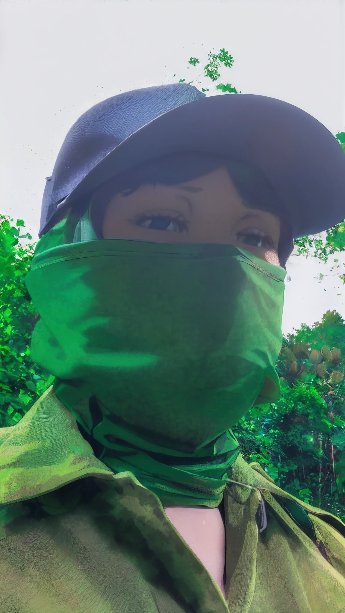 arafed woman wearing a green scarf and a hat, green facemask, green hood, balaclava covering face, green face, wearing adventure gear, face covered, dark visor covering top of face, green visor, dark visor covering face, in front of a forest background, visor over face, wearing adventuring gear, wearing green armor and helmet, in jungle