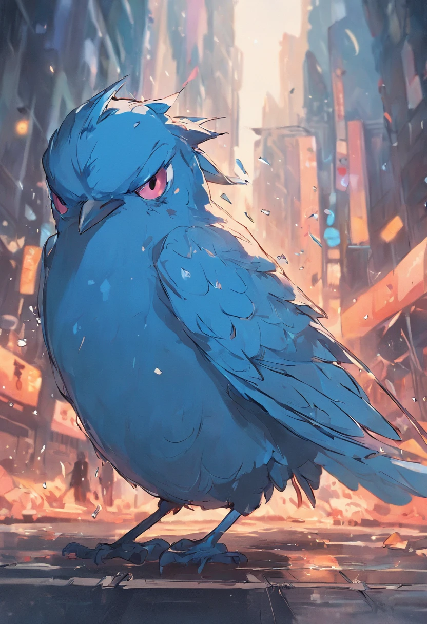the blue bird on twitter, dirty, on the street, looking for a job with a sad face