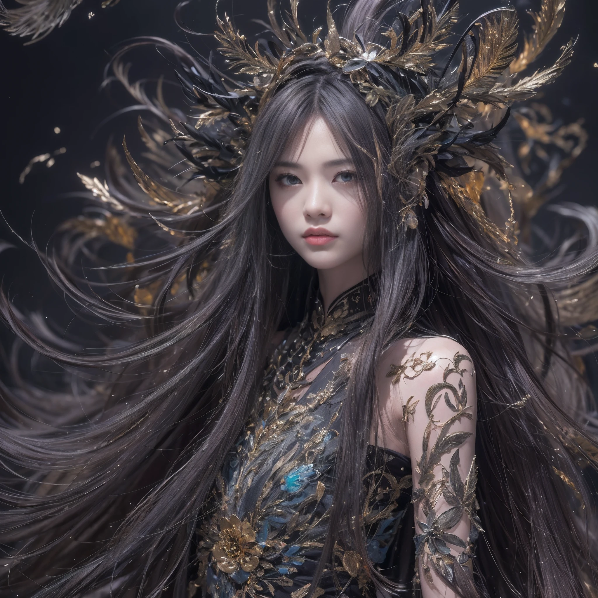 32K（tmasterpiece，K HD，hyper HD，32K）Long grey hair， Floating hair， Headdress， Japan long sleeve black costume， （Abstract ink splash：1.2），brown haired，The background is pure， hight resolution， detaileds， RAW photogr， Sharp Re， 「Nikon D850 Film」Jeff Fries Lee 4 Kodak Portra 400 Camera F1 Stock Photo.6 shots, Rich colors, Ultra-realistic vivid textures, Dramatic Lighting, Unreal Engine Art Station Trends, Synestil 800，Slimed、A slender、Model body type、small tits