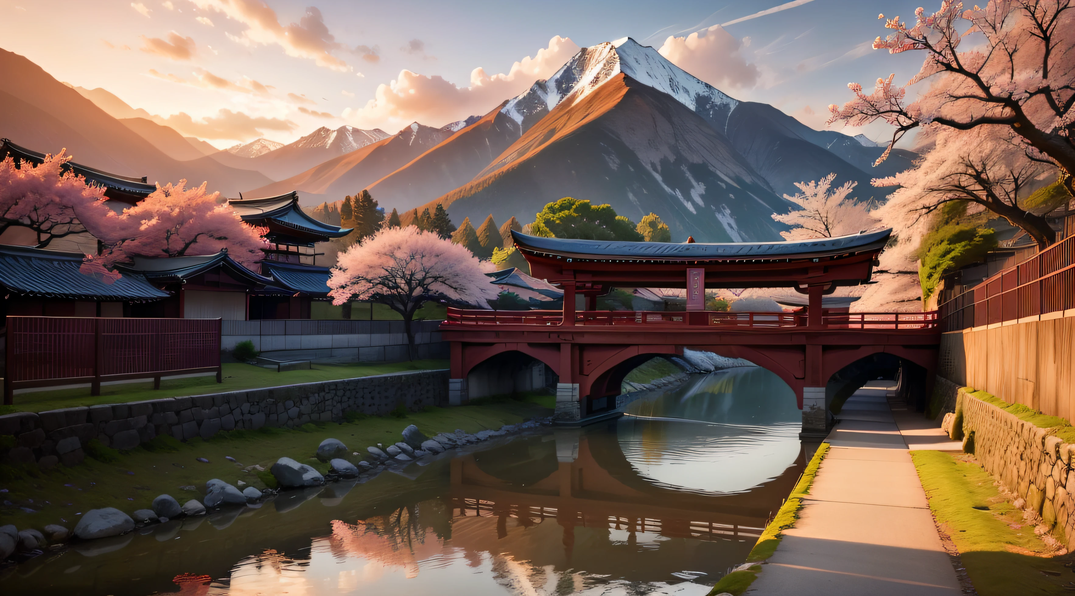 red gate under sakura blossom during sunset calm river flowing through the gates from mountains