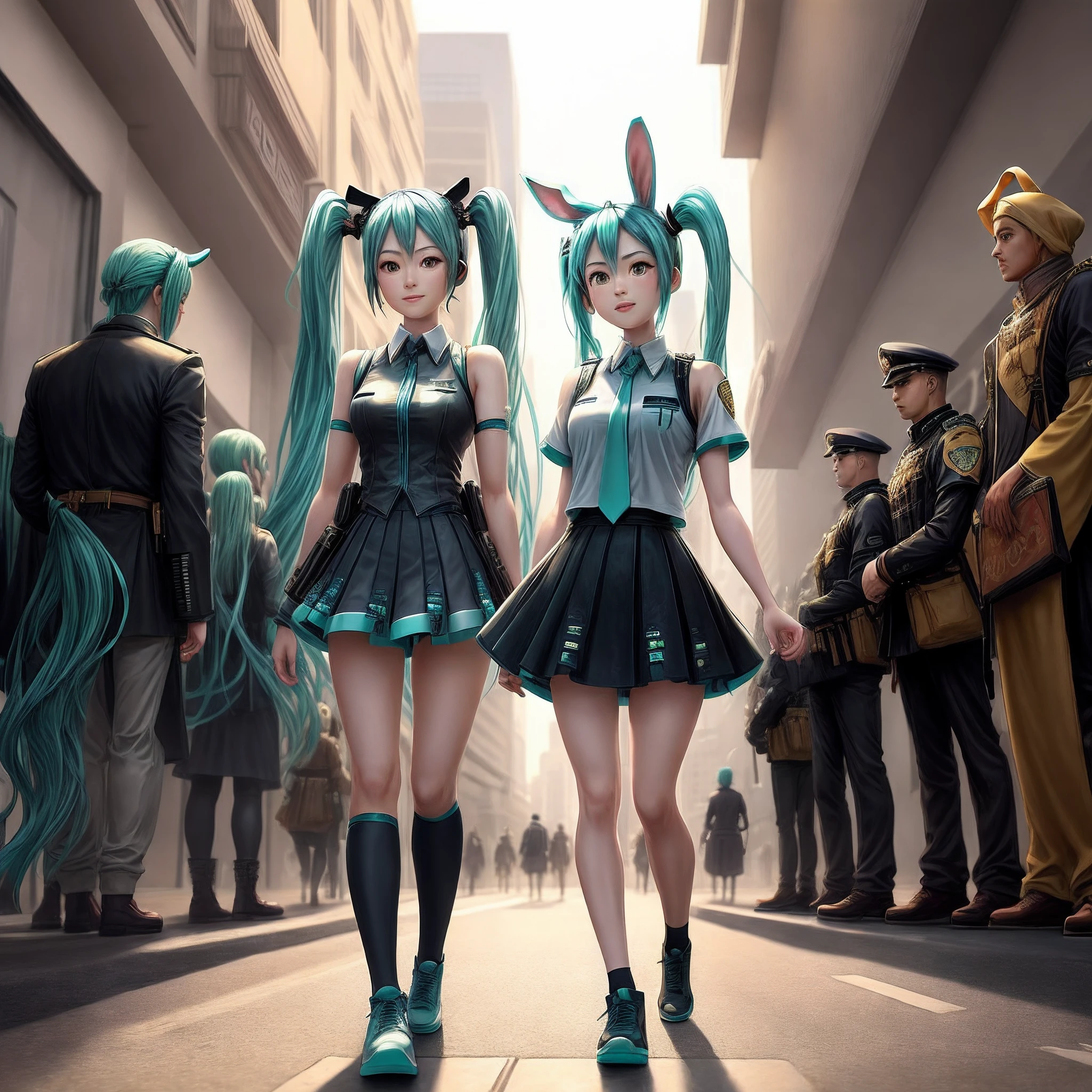 Hatsune, with rabbit ears, patrols the big city covered with golden light with a group of guards