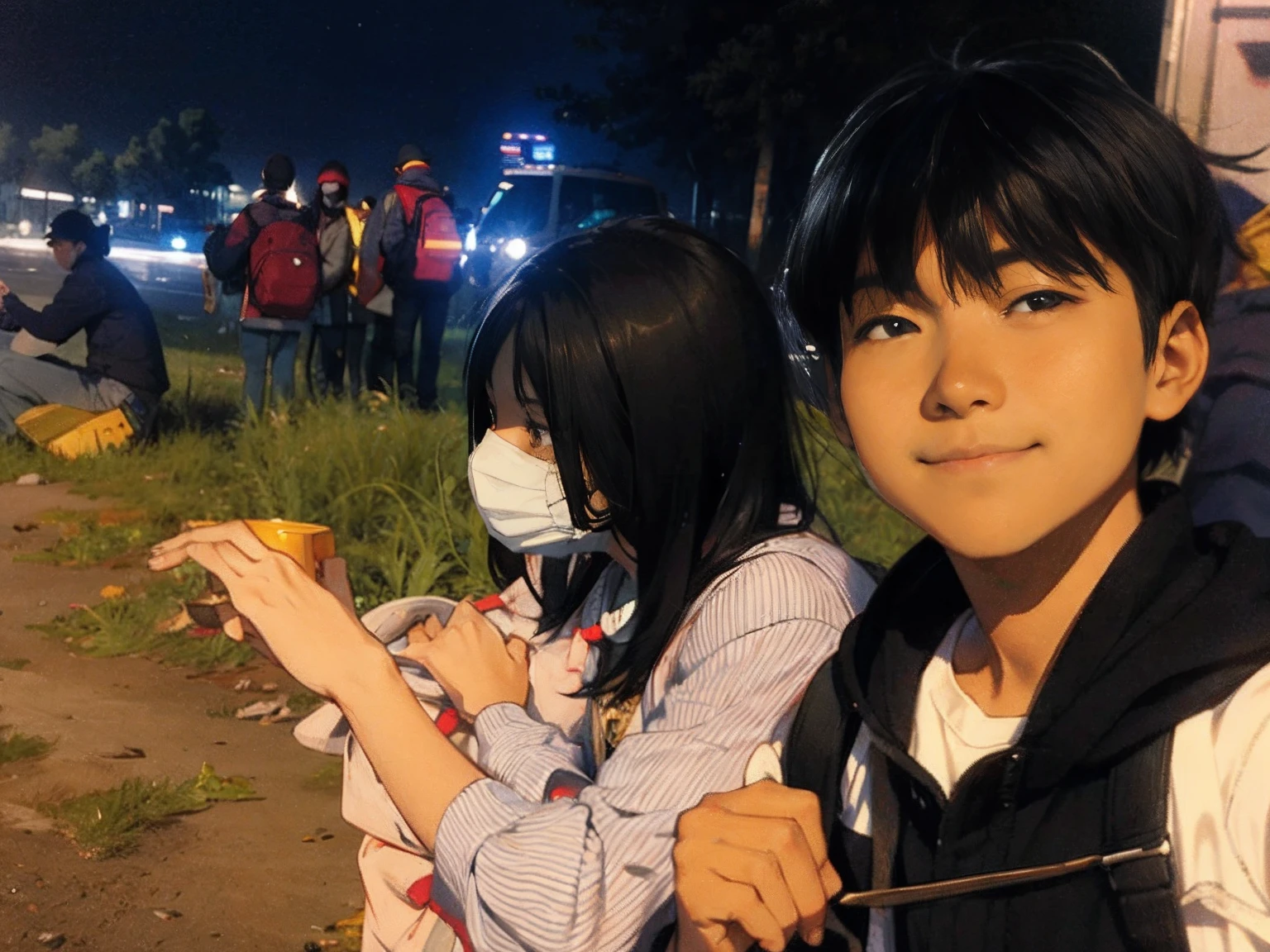 A girl looking at the camera, A boy wearing mask, sunshine