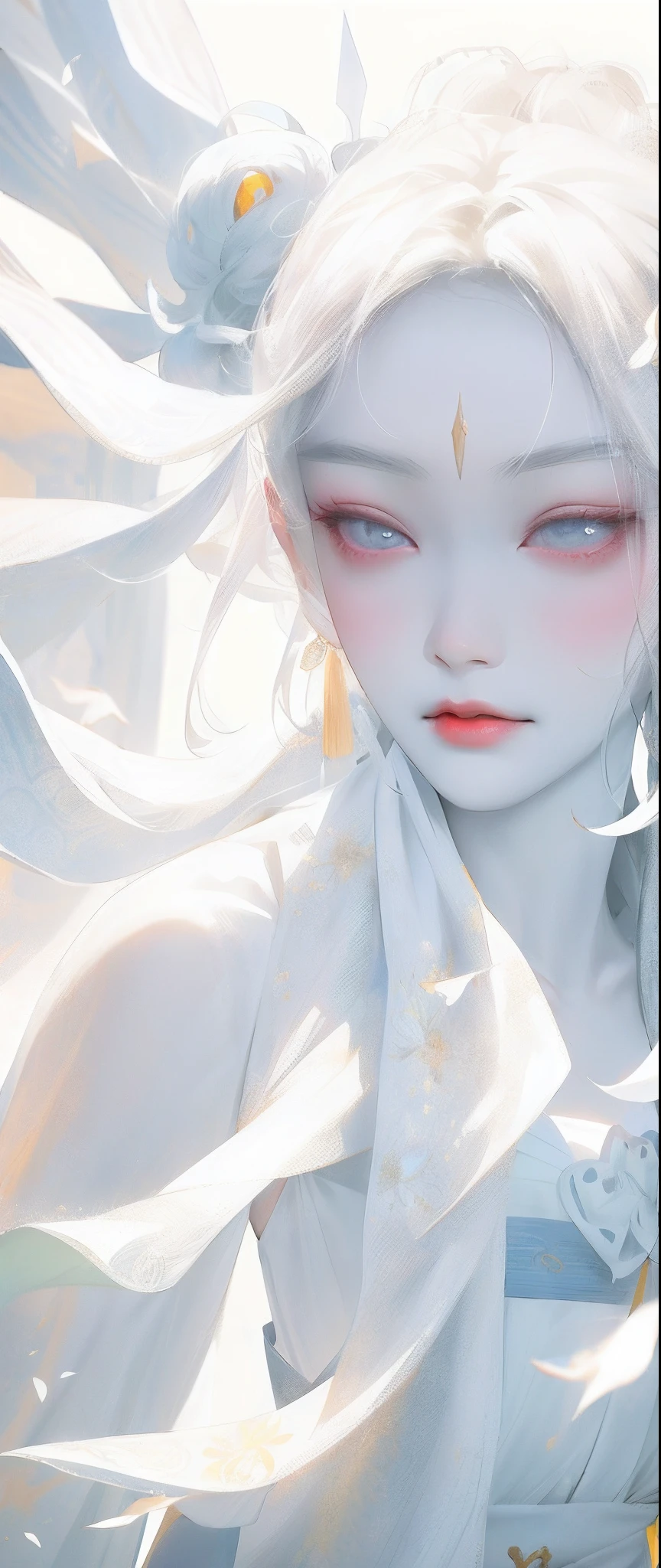 There was a woman wearing a yellow dress and a white scarf, pale milky white porcelain skin, pale porcelain white skin, White Hanfu, pale snow-white skin, Realistic. Cheng Yi, inspired by Zhang Yan, Hanfu, inspired by Wu Bin, Inspired by Ai Xuan, Guviz, inspired by Yanjun Cheng, white skin and reflective eyes