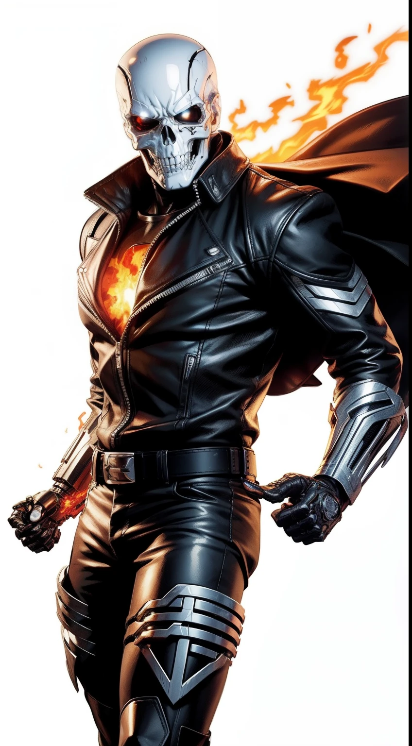 Ghost Rider (terminator) от Marvel Comics, fantasy setting, Dynamic poses, whitebackground, Character concept, character art, Character portrait, tmasterpiece, beste-Qualit, best resolution, 8K