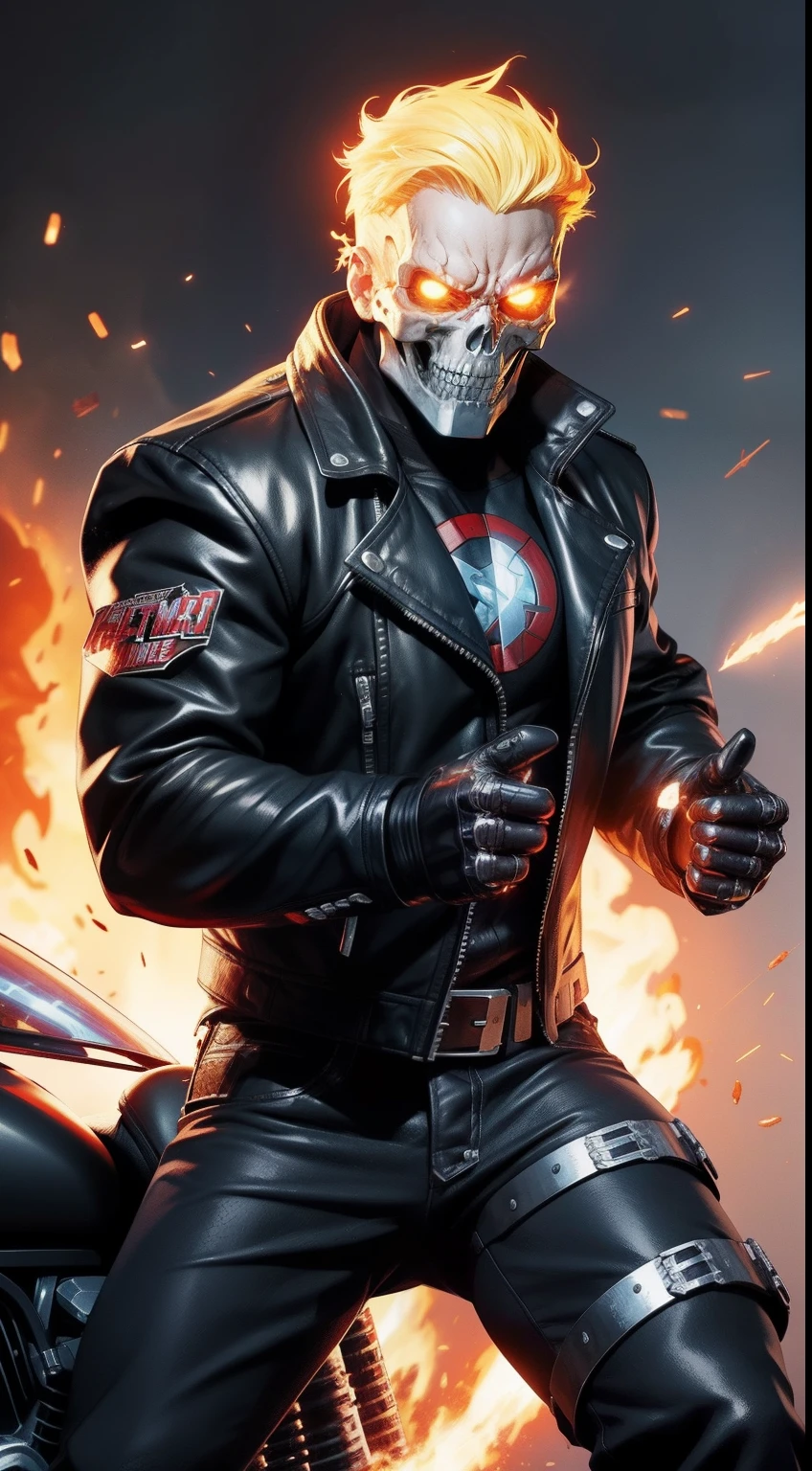 Ghost Rider (terminator) от Marvel Comics, fantasy setting, Dynamic poses, whitebackground, Character concept, character art, Character portrait, tmasterpiece, beste-Qualit, best resolution, 8K