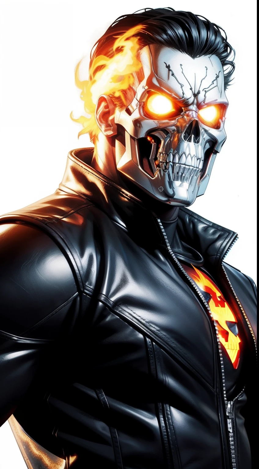 Ghost Rider (terminator) от Marvel Comics, fantasy setting, Dynamic poses, whitebackground, Character concept, character art, Character portrait, tmasterpiece, beste-Qualit, best resolution, 8K