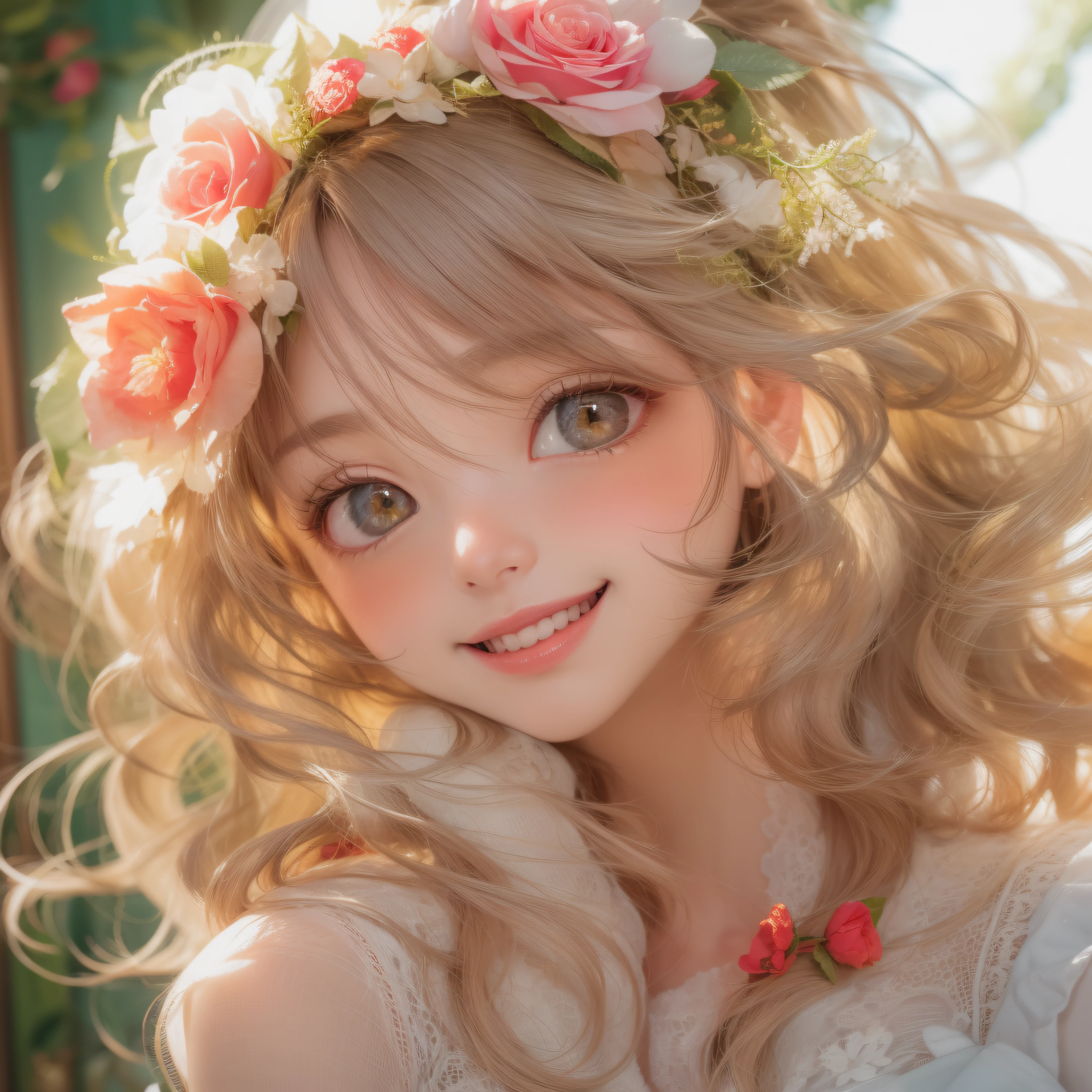 Close up of a smile with the corners of the mouth raised、(realisitic、hight resolution)、(1 girl in)、Do-Up Eye、Korean Girl、(Best Quality), (masutepiece), (1girl in), Solo, a beauty girl, Perfect face, Big Breast,dreamlikeart、Highly detailed airbrush art((Surreal))、Volumetric lighting、(top-quality)、The ultra-detailliert、(The composition of the movement:1.4)、Highly detailed colorful details、(Bright lighting)、dynamic compositions、Ray traching、The mirror reflects light、Shallow depth of field、ultra-detailliert、mixing  exposure、nffsw、Her eyes are cherry red、Staring at the sea。Her cherry-colored face is full of anticipation and courage for adventure.、A smile appears on her cherry-colored lips。 At the rear、The sun is slowly tilting to the west。Its light brings cherry-colored light to the surface of the sea、The swaying waves create a beautiful scene。Her eyes are clearly glowing cherry。Lots of cherry colors