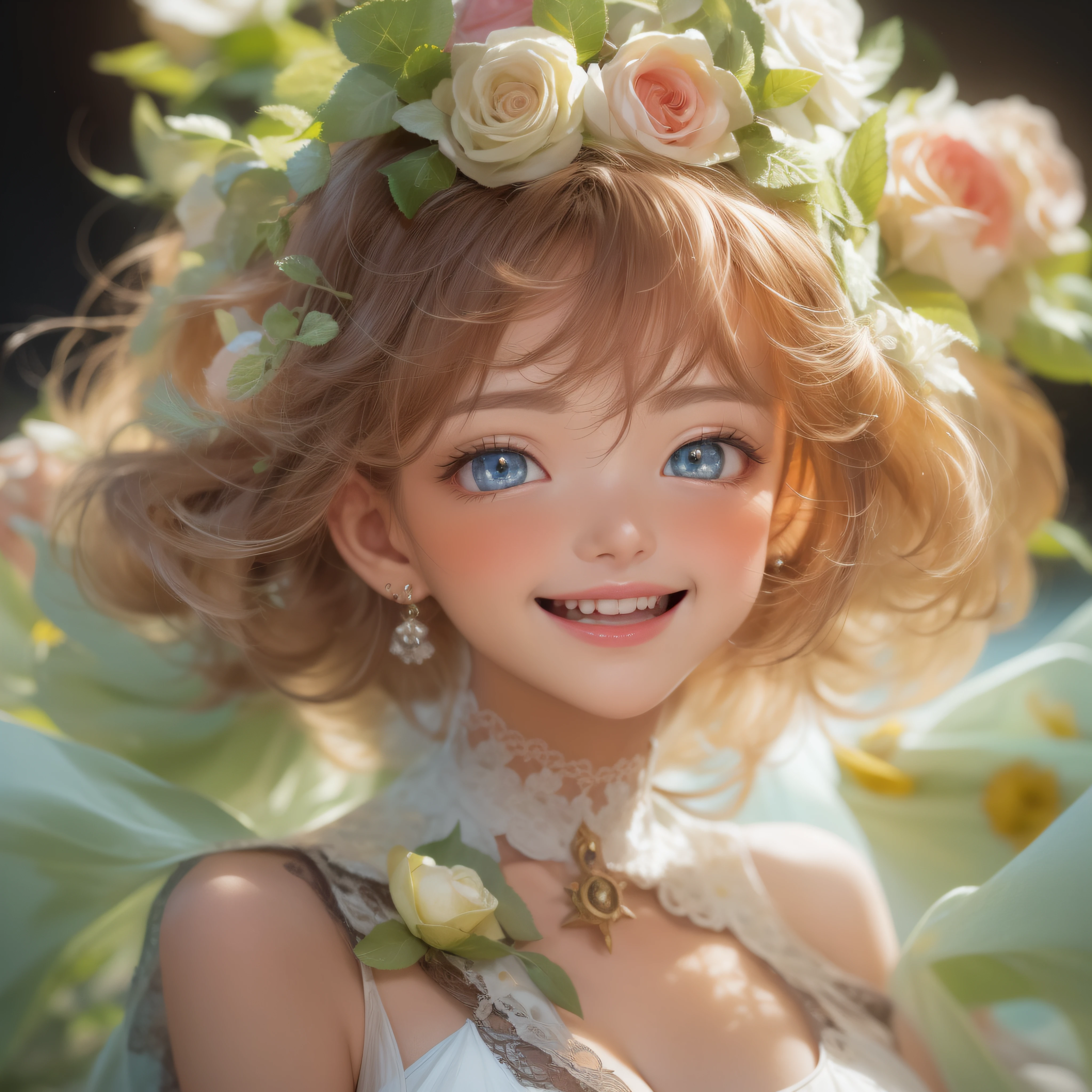 Close up of rosy smile、Close up of rosy smile、Close up of rosy smile、(realisitic、hight resolution)、(1 girl in)、Do-Up Eye、Korean Girl、(Best Quality), (masutepiece), (1girl in), Solo, a beauty girl, Perfect face, Big Breast,dreamlikeart、Highly detailed airbrush art((Surreal))、Volumetric lighting、(top-quality)、The ultra-detailliert、(The composition of the movement:1.4)、Highly detailed colorful details、(Bright lighting)、dynamic compositions、Ray traching、The mirror reflects light、Shallow depth of field、ultra-detailliert、mixing exposure、nffsw、Her eyes are rosy bright red、Her rosy face is、Full of adventure anticipation and courage.、A smile appears on her rosy lips。 At the rear、The sun is slowly tilting to the west。Its light brings rosy light to the surface of the sea、The swaying waves create a beautiful scene。Her eyes are clearly rosy。numerous roses、glowing roses、glowing roses、Glowing eyes、Glowing eyes、Glowing eyes、