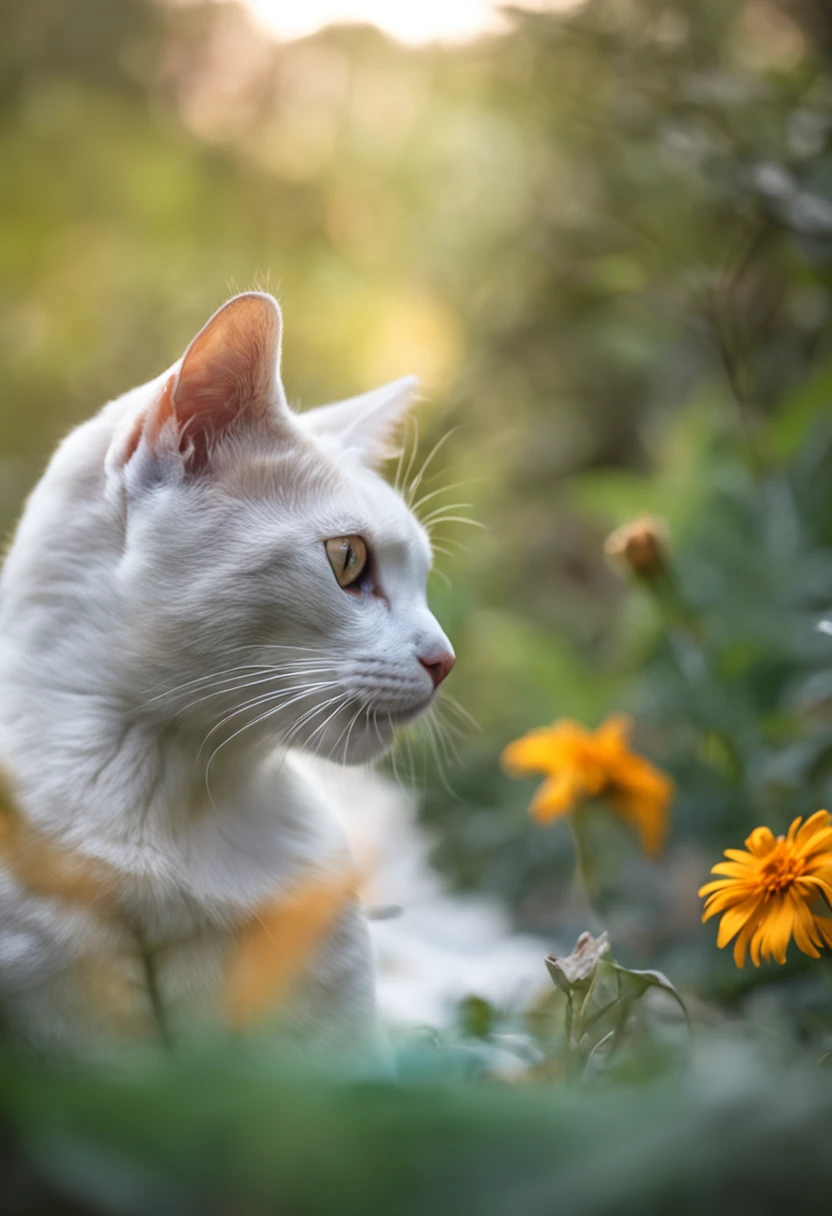 criar um gato branco dos olhos azuis, on a background with nature behind, brincando com uma borboleta