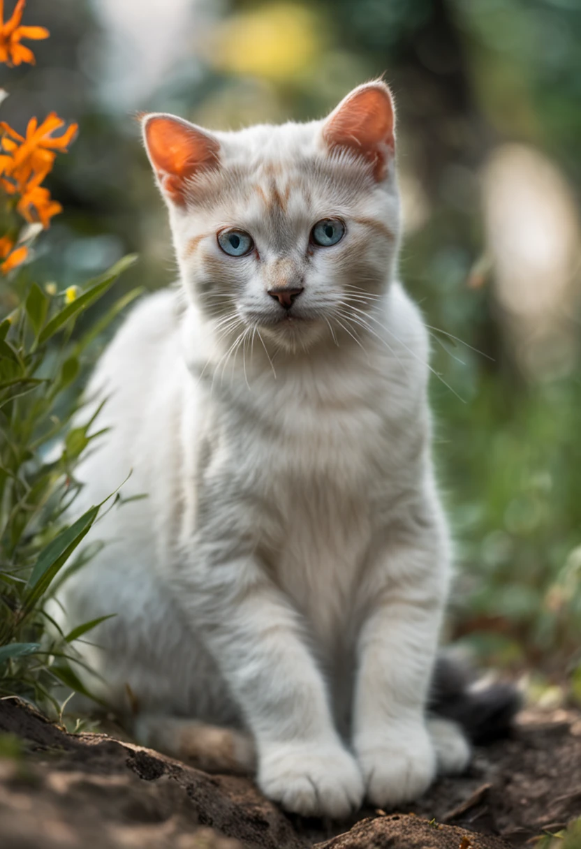 criar um gato branco dos olhos azuis, on a background with nature behind, brincando com uma borboleta