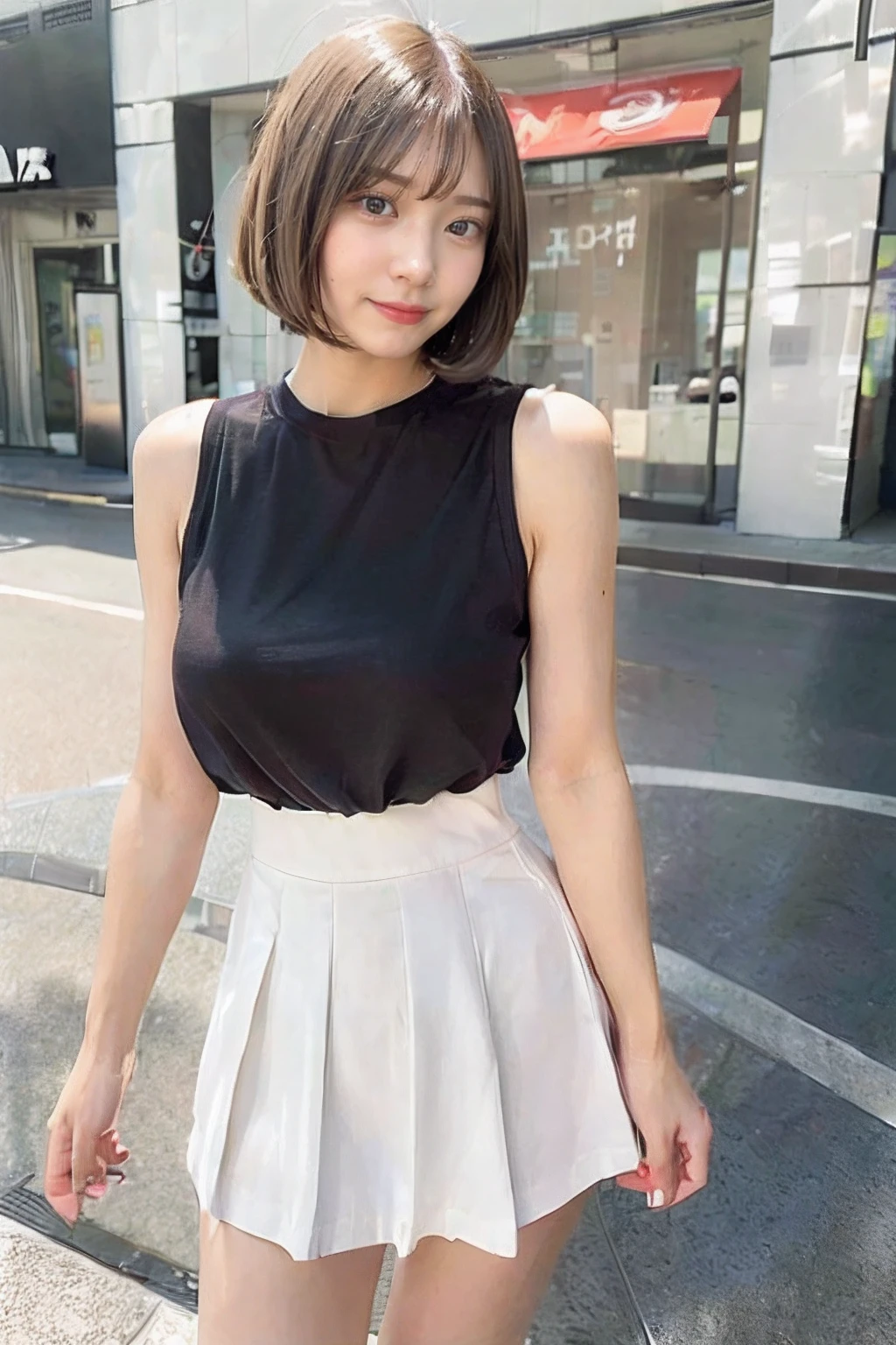 Best Quality, masutepiece, 超A high resolution, (Photorealistic:1.4), Bob Cut Hairstyles、Light Hair Girl,sleeveless t shirt、skirt by the (at the mall), (Nice natural breasts:1.2), Looking at Viewer, Film grain, Sony a9 II, Sony FE 85mm f/1.4 GM, Natural sunlight, ((medium shot:1.5))Distant shots、looking at viewert、The whole body is reflected
