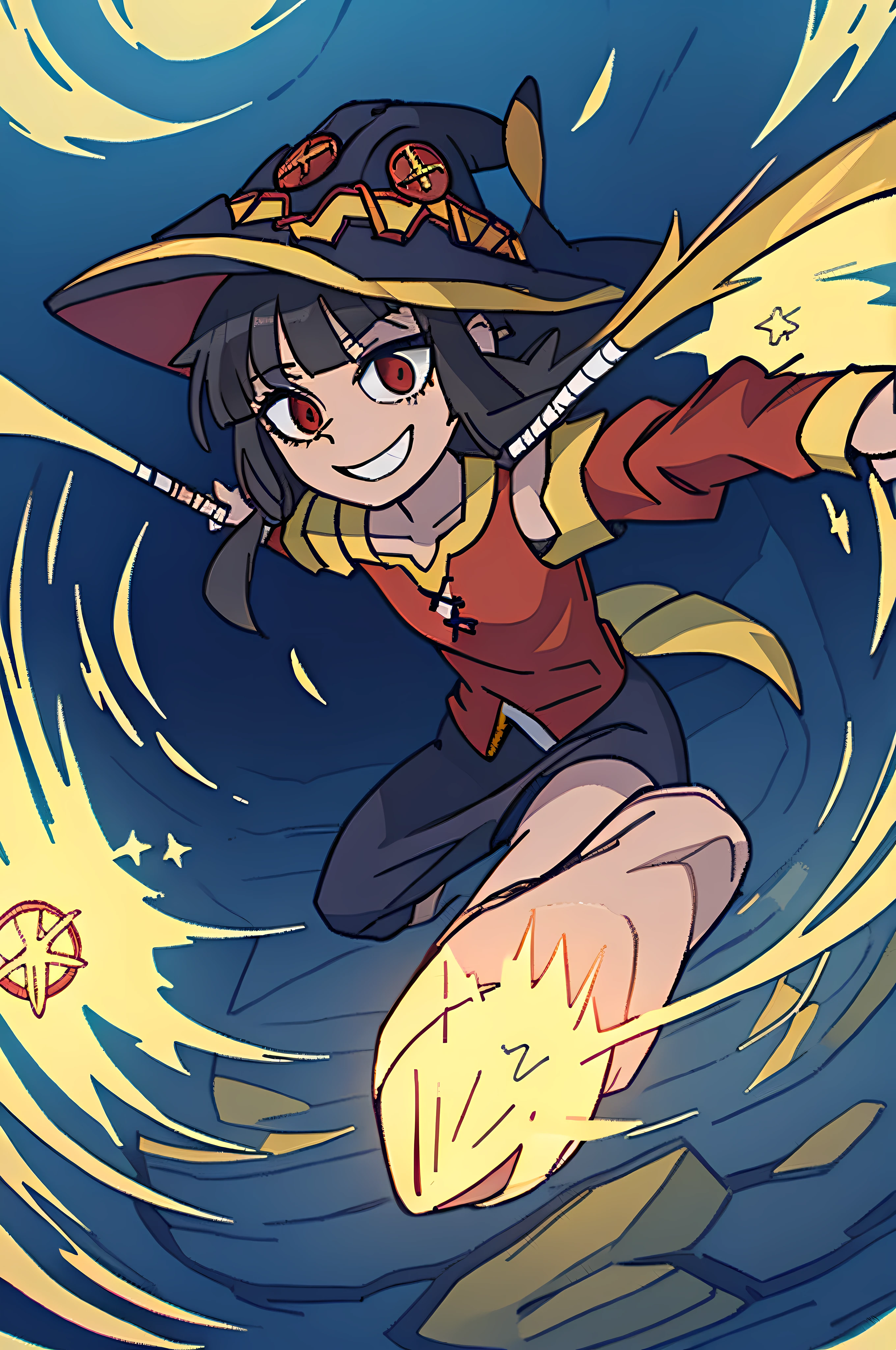 1 girl, alone, 2 arms, 2 feathers, (Megumin), Konosuba, 14 years old, Low angle, Umber hair, long sideburns, red eyes, red shirt, long sleeves, witch hat, Black hair, fingerless gloves, chest flattened,smile,Doyagao,holding long magic cane,casting spell,extending right hand,holding long magic cane with right hand,((((Move away with magic attacks)))),in grass field ,((Magic circle burning around the girl)),fantasy,flame effects,(masterpiece),best quality,ultra-detailed,tall,high-resolution,extremely detailed CG,4k,8k,super fine illustration,skin super detailed, highly detailed, highly detailed background, hires, perfect anatomy, beautiful detailed eyes, perfect finger, perfectly crafted, cinematic lighting, dynamic lighting, anime, animation