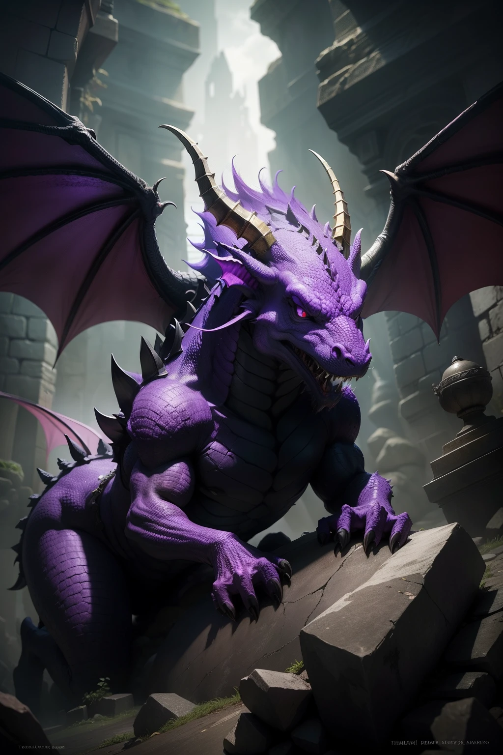 A dark purple dragon entrenched in an ancient tomb