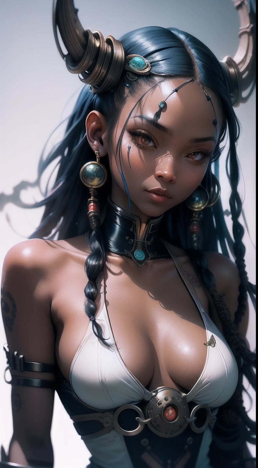 Dark-skinned Chinese woman, Kerrigan, dreadlocks, Bones and skull, Cyberpunk, steampunc, Splash punk, The female devil in the background author:Rowena Merrill Stika Boris Vallejo Caravaggio Philippe Druilet Andrei Ryabovichchev Whelan