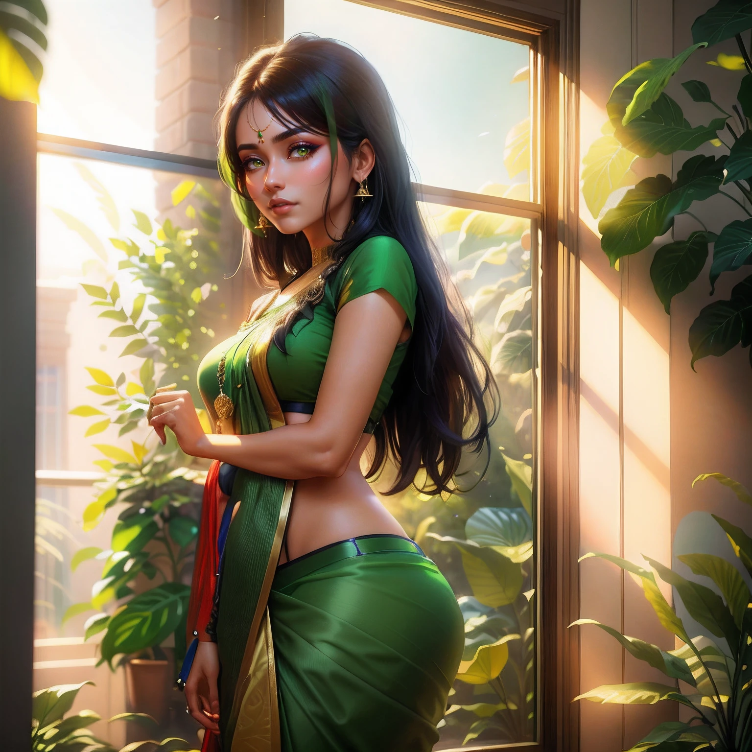 araffe woman in a green sari posing in front of a window, extremely detailed artgerm, deviantart artstation cgscosiety, ig model | artgerm, ross tran 8 k, tithi luadthong, fanart best artstation, in the style artgerm, artgerm. anime illustration, style artgerm, 3 d anime realistic