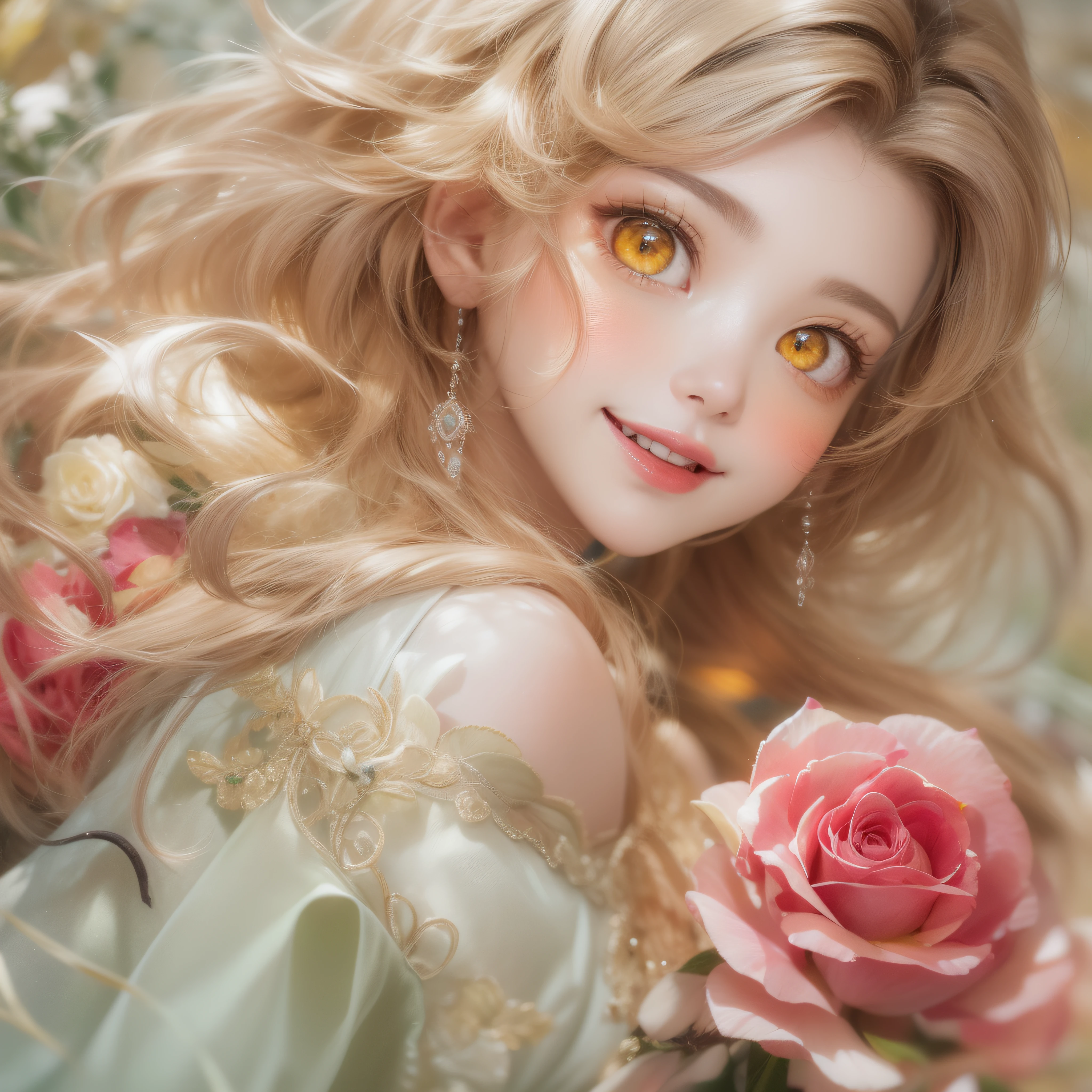 Close up of rosy smile、Close up of rosy smile、Close up of rosy smile、(realisitic、hight resolution)、(1 girl in)、Do-Up Eye、Korean Girl、(Best Quality), (masutepiece), (1girl in), Solo, a beauty girl, Perfect face, Big Breast,dreamlikeart、Highly detailed airbrush art((Surreal))、Volumetric lighting、(top-quality)、The ultra-detailliert、(The composition of the movement:1.4)、Highly detailed colorful details、(Bright lighting)、dynamic compositions、Ray traching、The mirror reflects light、Shallow depth of field、ultra-detailliert、mixing  exposure、nffsw、Her eyes glow bright red rosy、Her rosy face is、Full of adventure anticipation and courage.、A smile appears on her rosy lips。 At the rear、The sun is slowly tilting to the west。Its light brings rosy light to the surface of the sea、The swaying waves create a beautiful scene。Her eyes are clearly rosy。numerous roses、glowing roses、glowing roses、Glowing eyes、Glowing eyes、Glowing eyes、