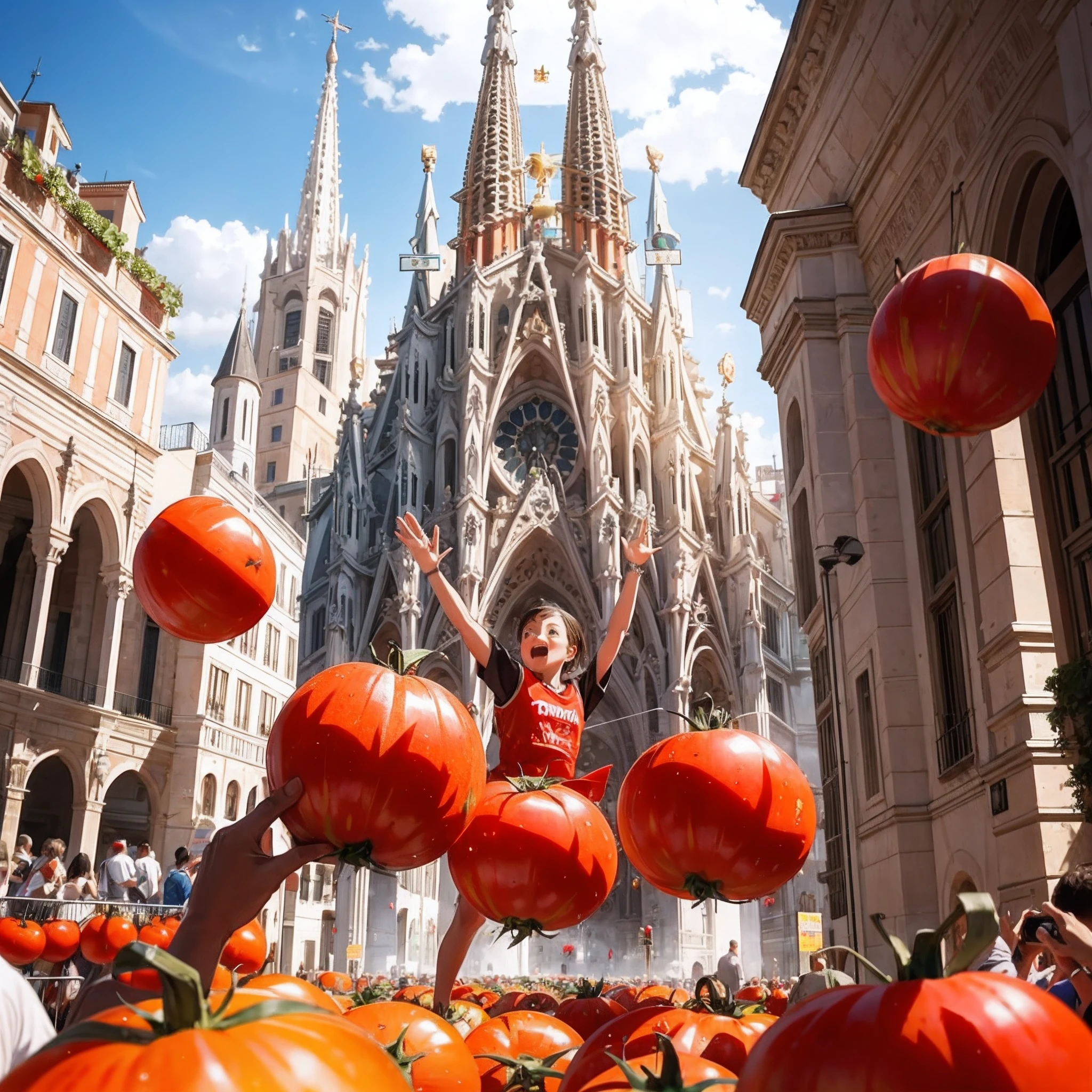 tomato festival, Spain, thrown tomato, flying tomato, zero-gravity, floating, Madrid, Sagrada Familia