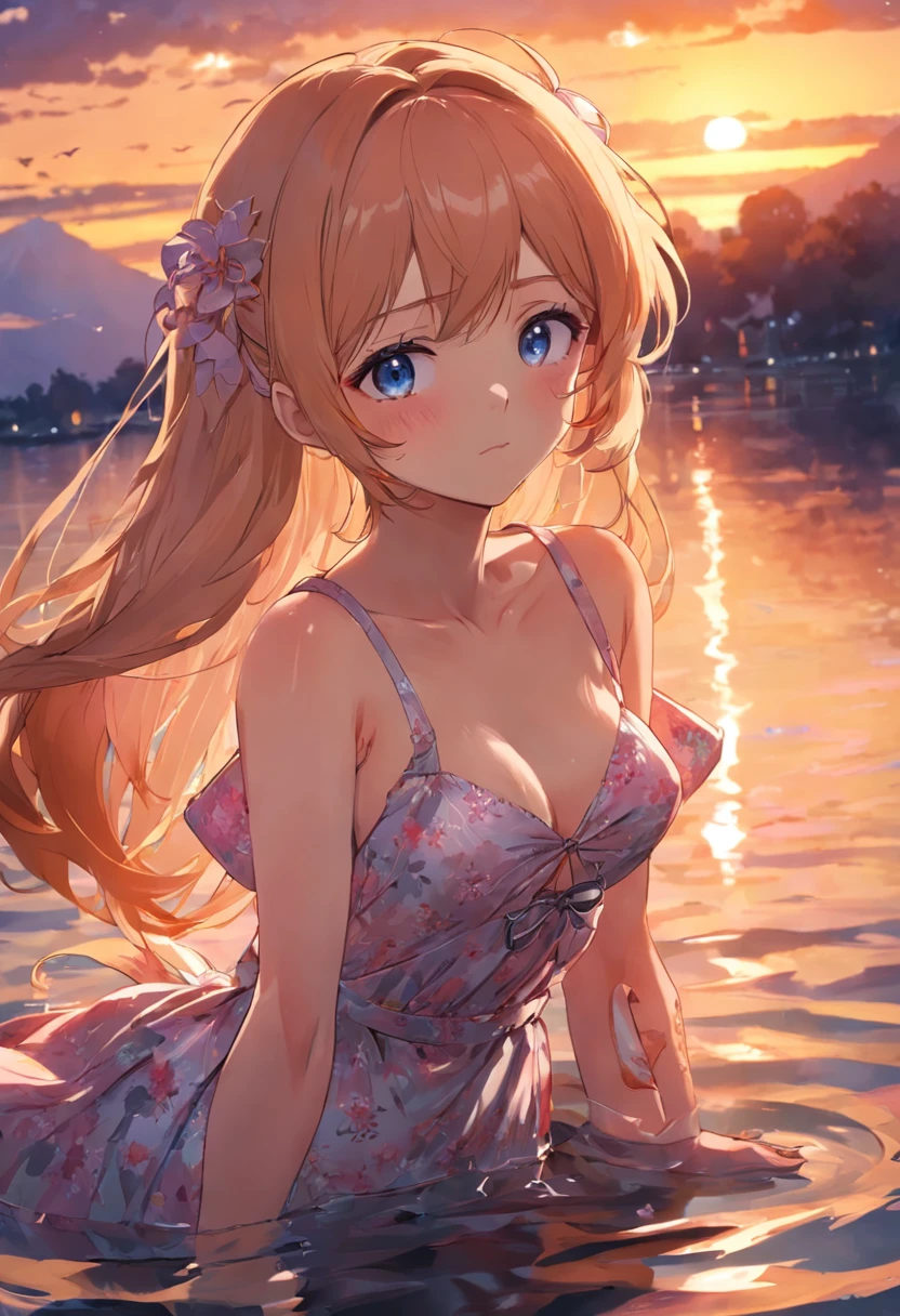 tmasterpiece,best qualtiy,one-girl,Lie on the fence by the lake,Floral dress,closeup cleavage,brightly,cheerfulness,Warm and soft lighting,the sunset,(spark of light:0.7)